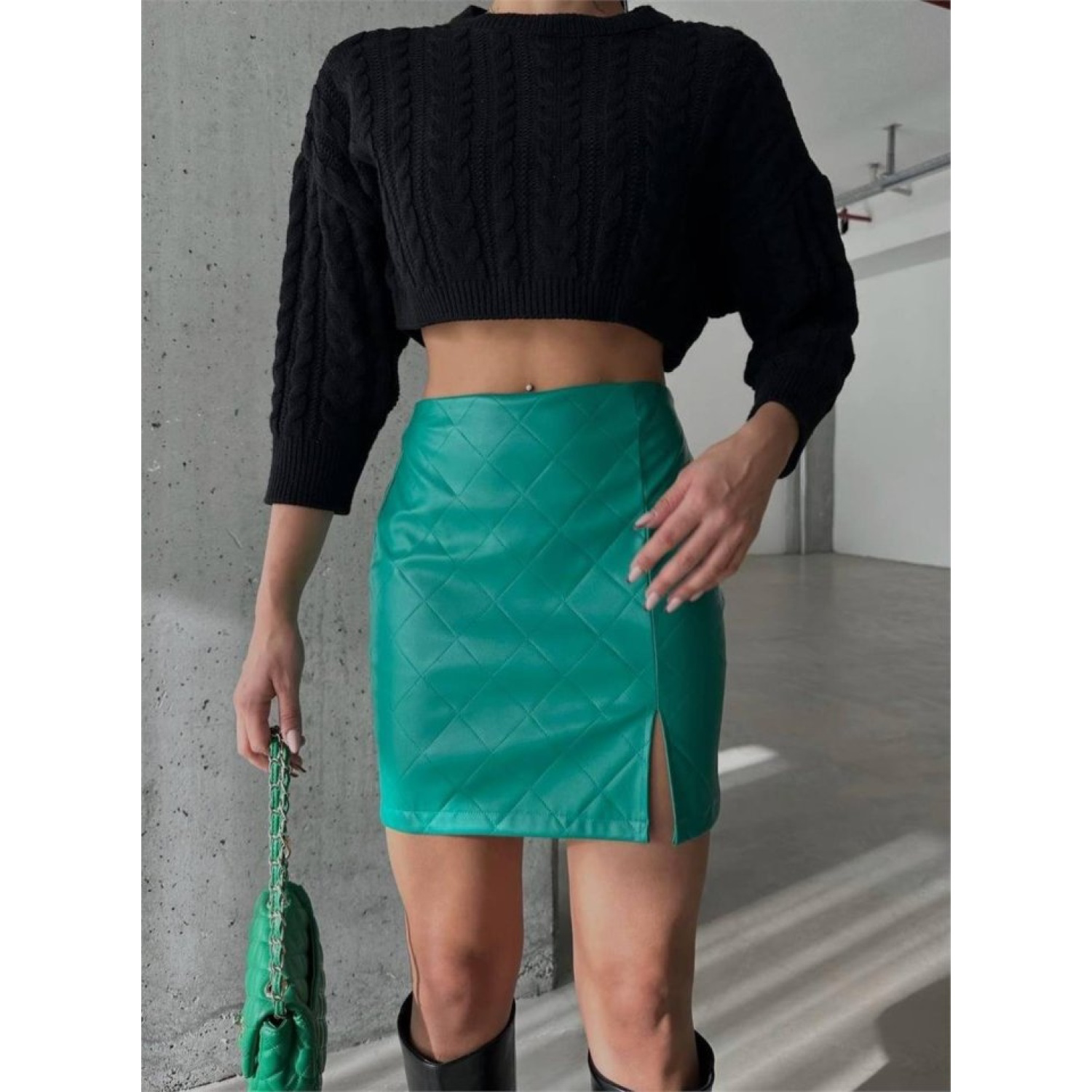 KAPİTONE DERİ ETEK YIRTMAÇLI - Yeşil