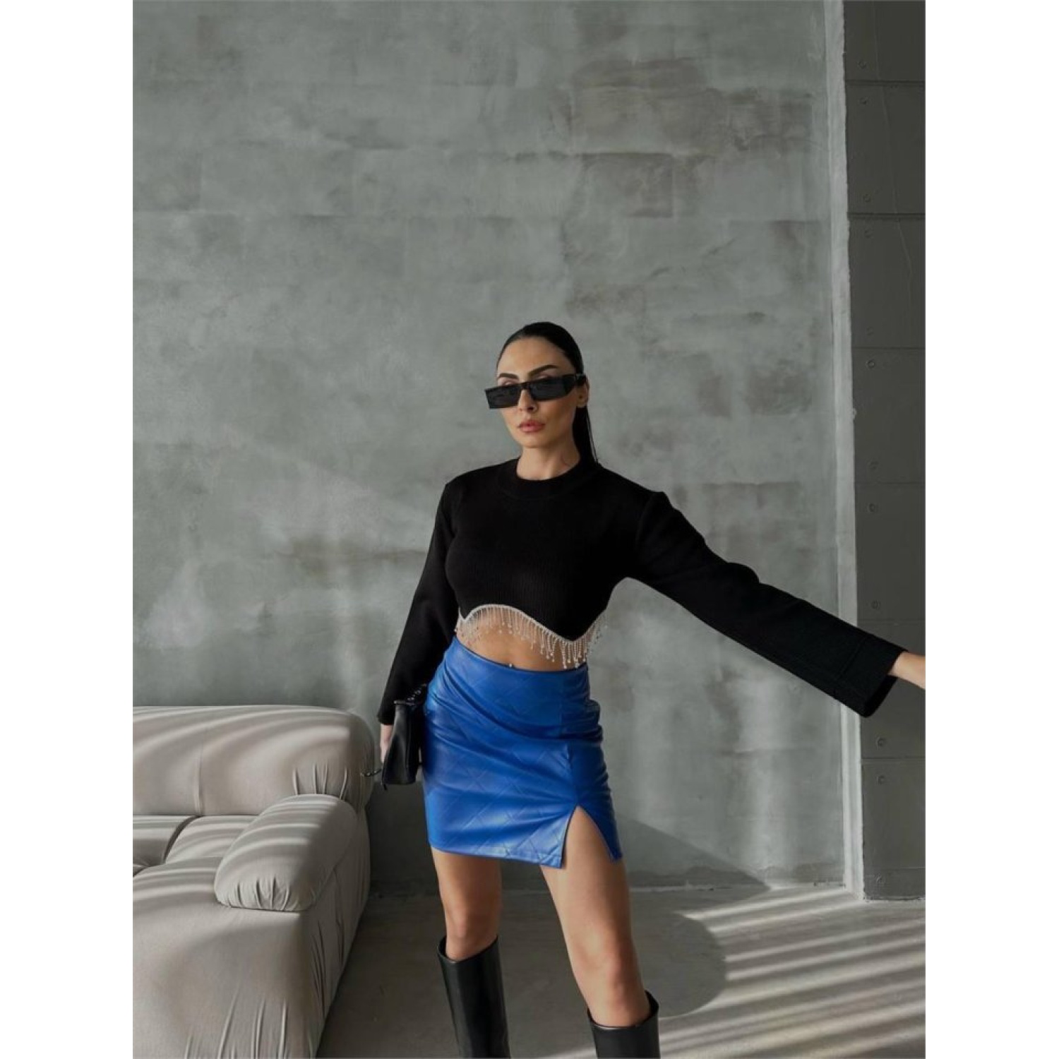 KAPİTONE DERİ ETEK YIRTMAÇLI - Saks