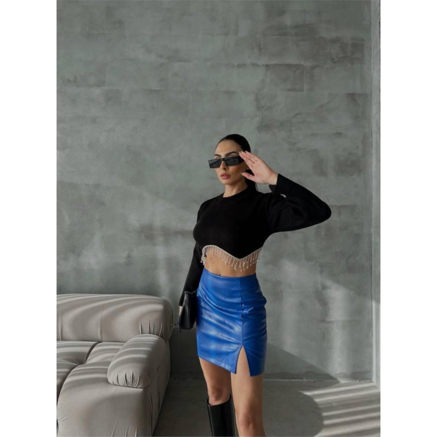 KAPİTONE DERİ ETEK YIRTMAÇLI - Saks