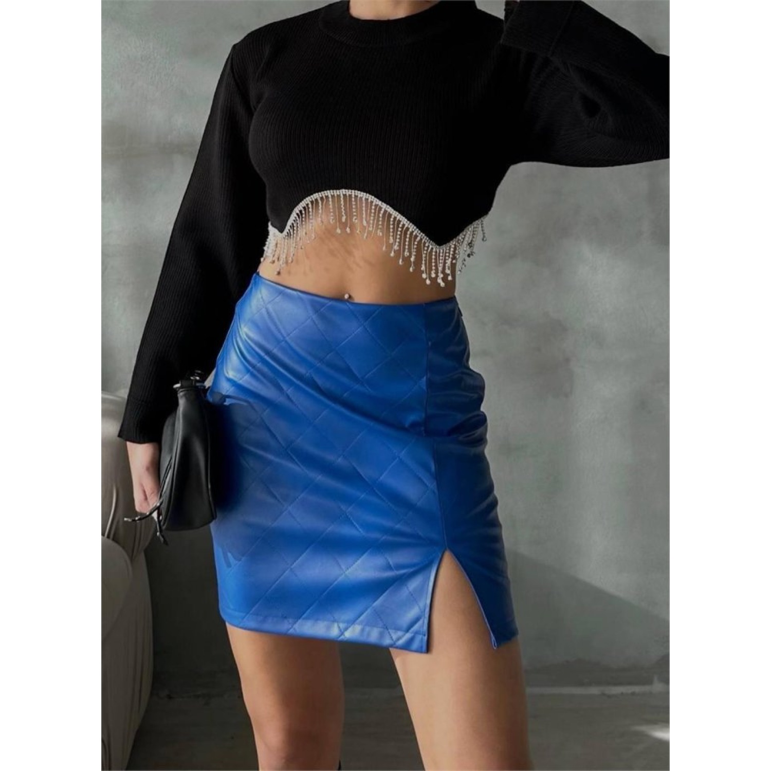 KAPİTONE DERİ ETEK YIRTMAÇLI - Saks