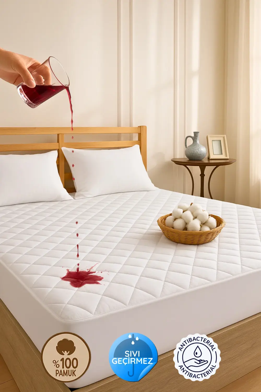 Kapitone Fitted Full Kenar Su Sıvı Geçirmez %100 Pamuk Yatak Koru