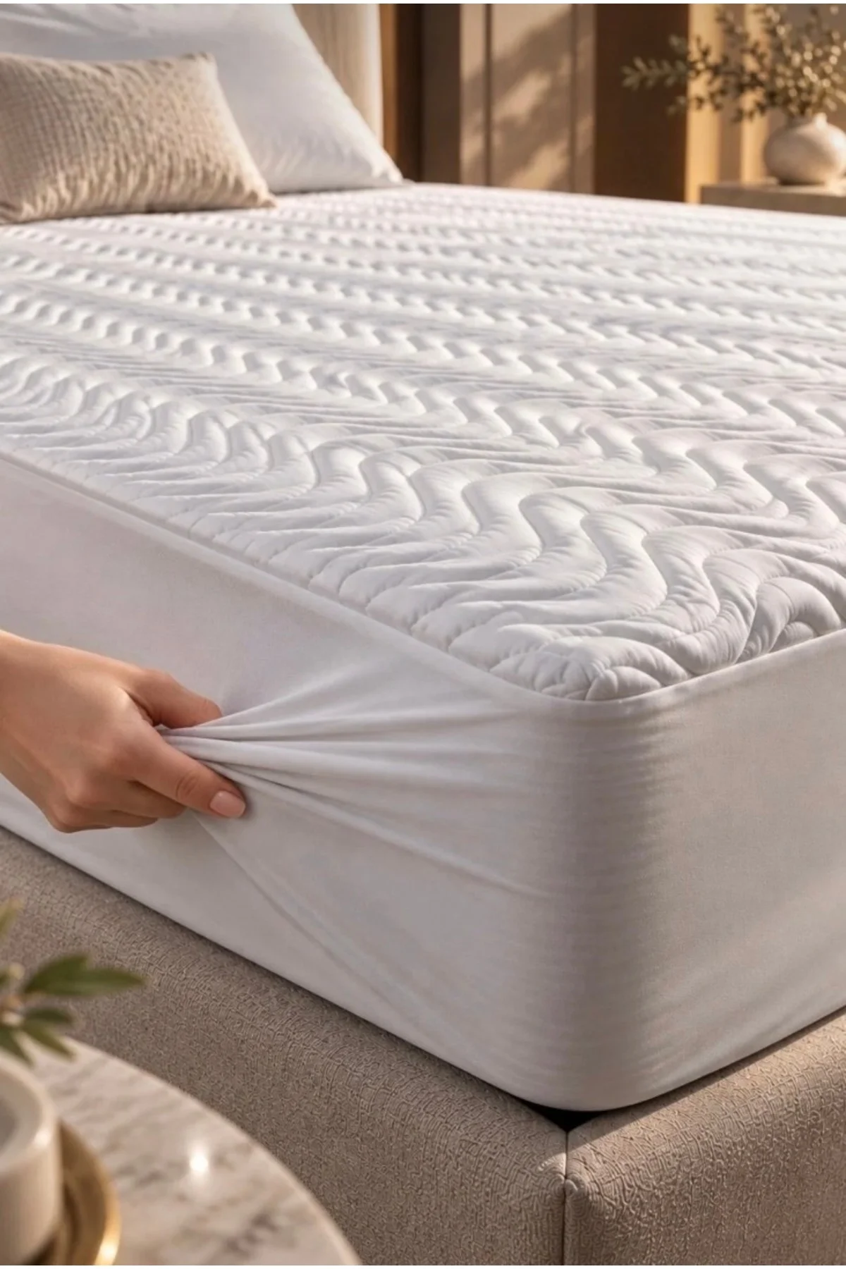 KAPİTONE YATAK KORUYUCU-SIVI GEÇİRMEZ FULL KUMAŞ KENAR FITTED-LASTİKLİ (160x200 yatak için) - Görsel 3