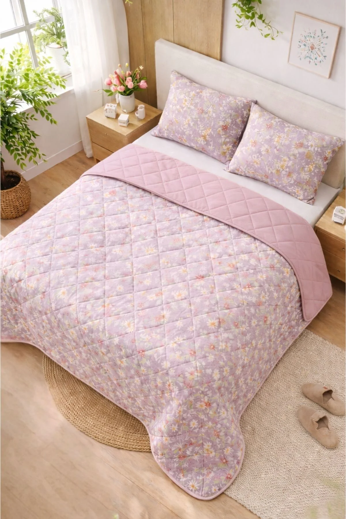 Kapitoneli Tek Kişilik Desenli Pike - Yatak Örtüsü Takımı 160x230 cm - 1 Adet Yastık Kılıflı