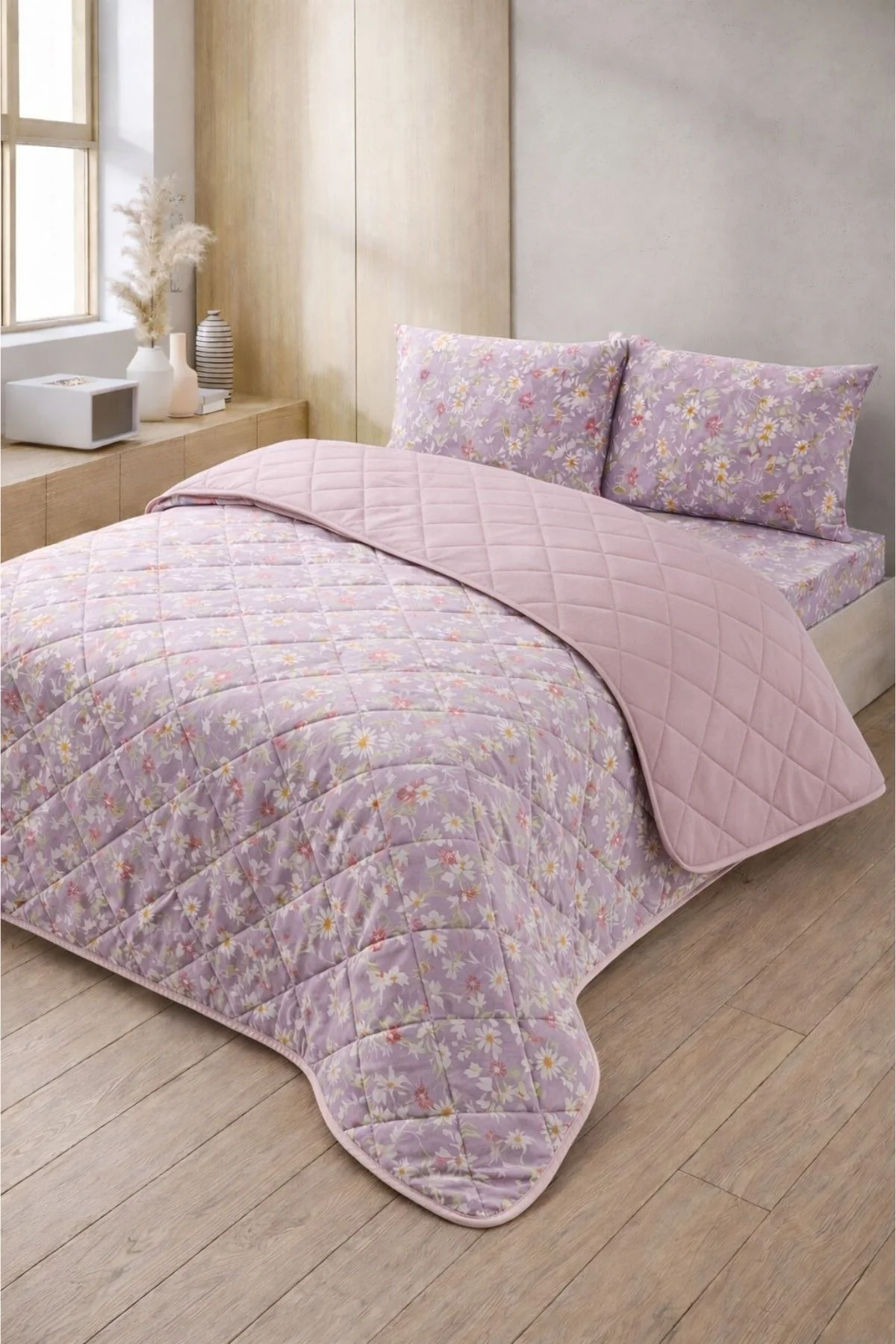 Kapitoneli Tek Kişilik Desenli Pike - Yatak Örtüsü Takımı 160x230 cm - 1 Adet Yastık Kılıflı