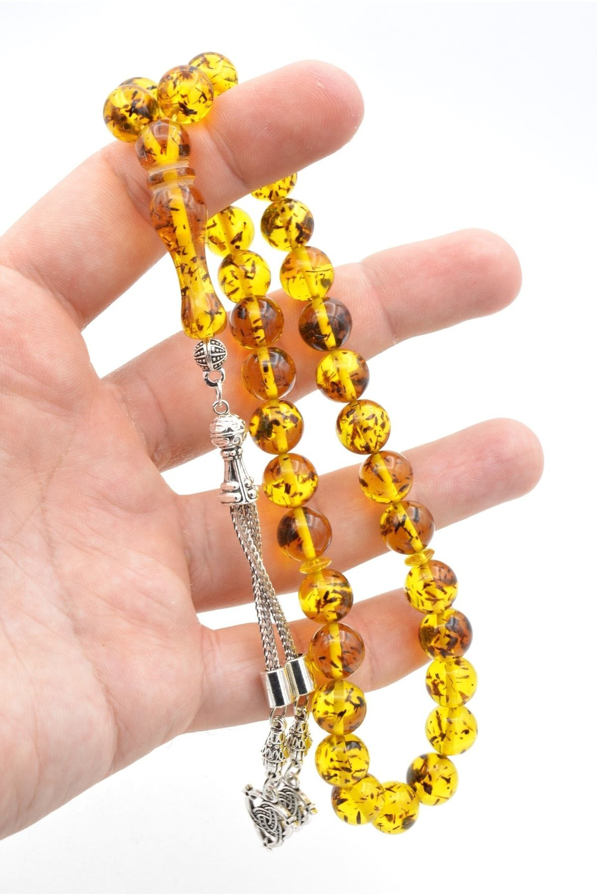 Murty99 Kaplama Püsküllü Küre Kesim Fosilli Sarı Toz Pres Kehribar Tesbih