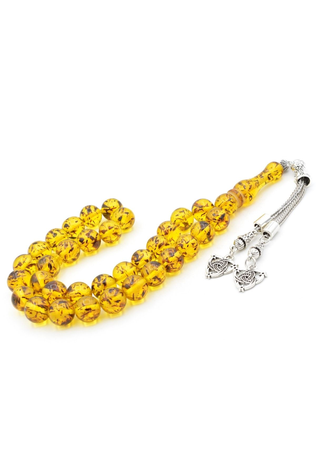 Murty99 Kaplama Püsküllü Küre Kesim Fosilli Sarı Toz Pres Kehribar Tesbih