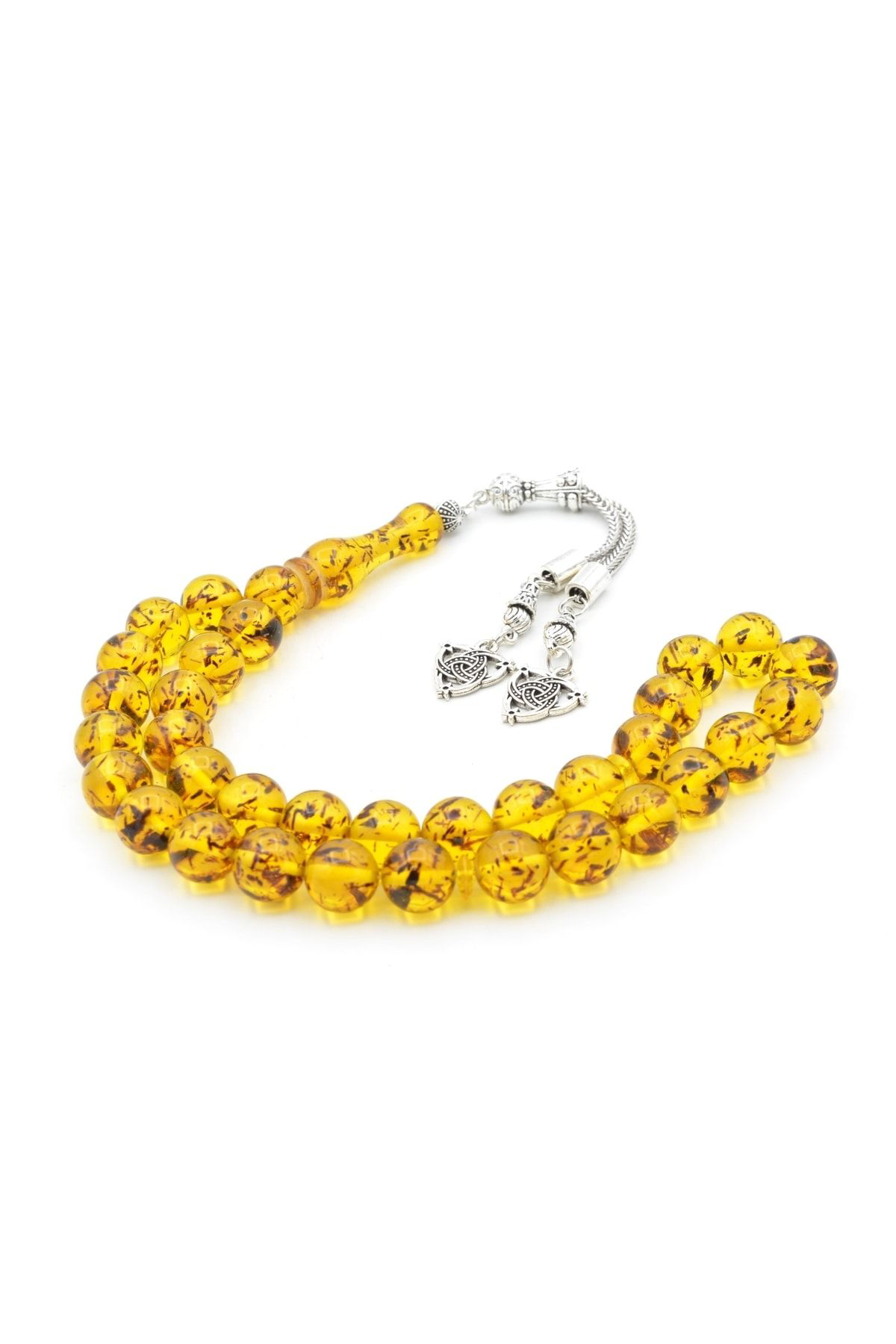 Murty99 Kaplama Püsküllü Küre Kesim Fosilli Sarı Toz Pres Kehribar Tesbih