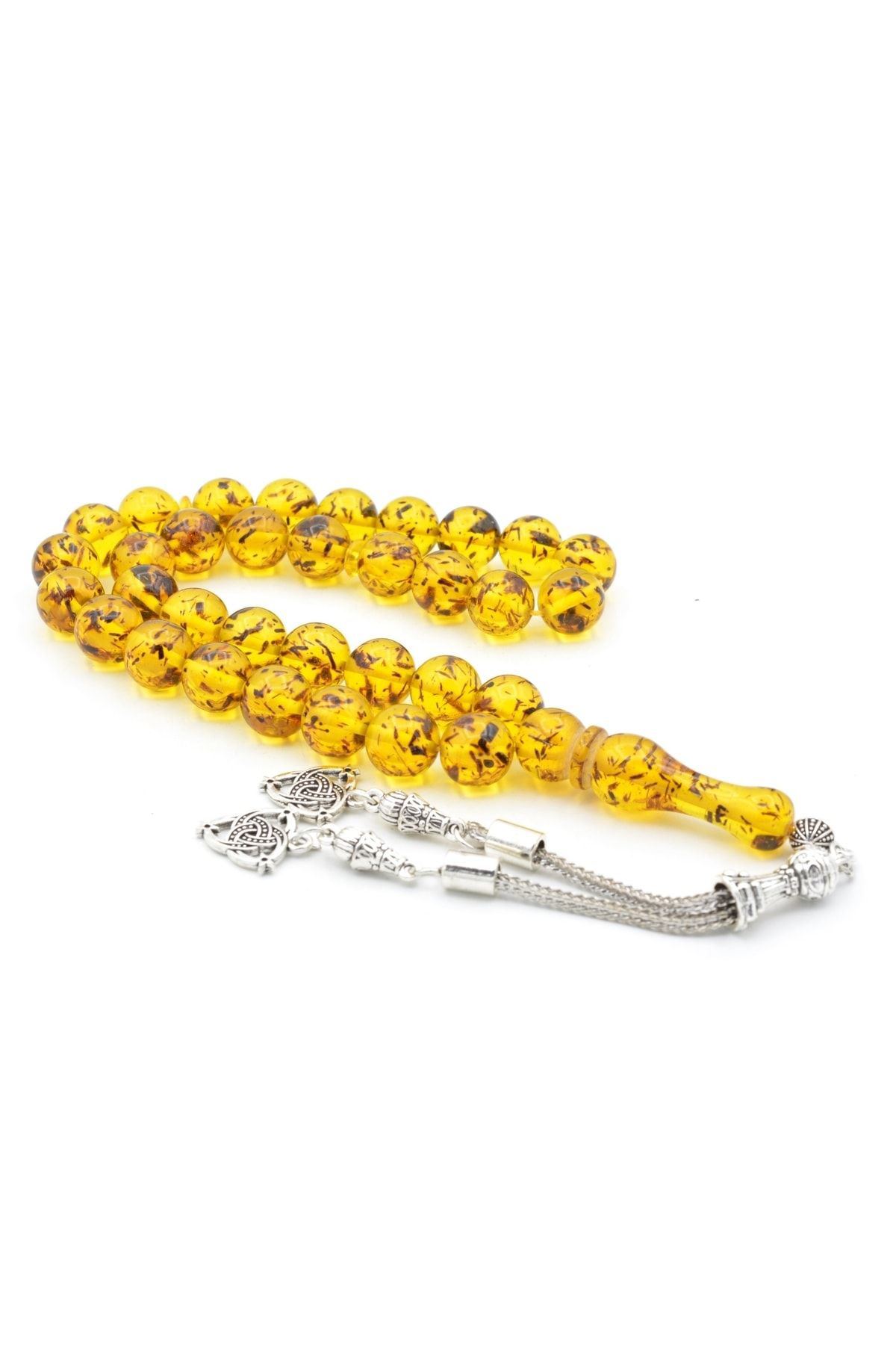 Murty99 Kaplama Püsküllü Küre Kesim Fosilli Sarı Toz Pres Kehribar Tesbih