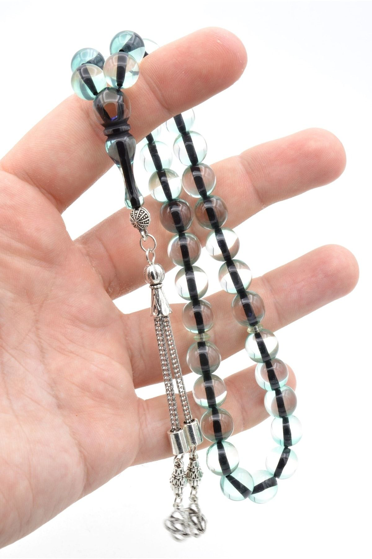 Murty99 Kaplama Püsküllü Küre Kesim Sürmeli Açık Yeşil Sıkma Kehribar Tesbih