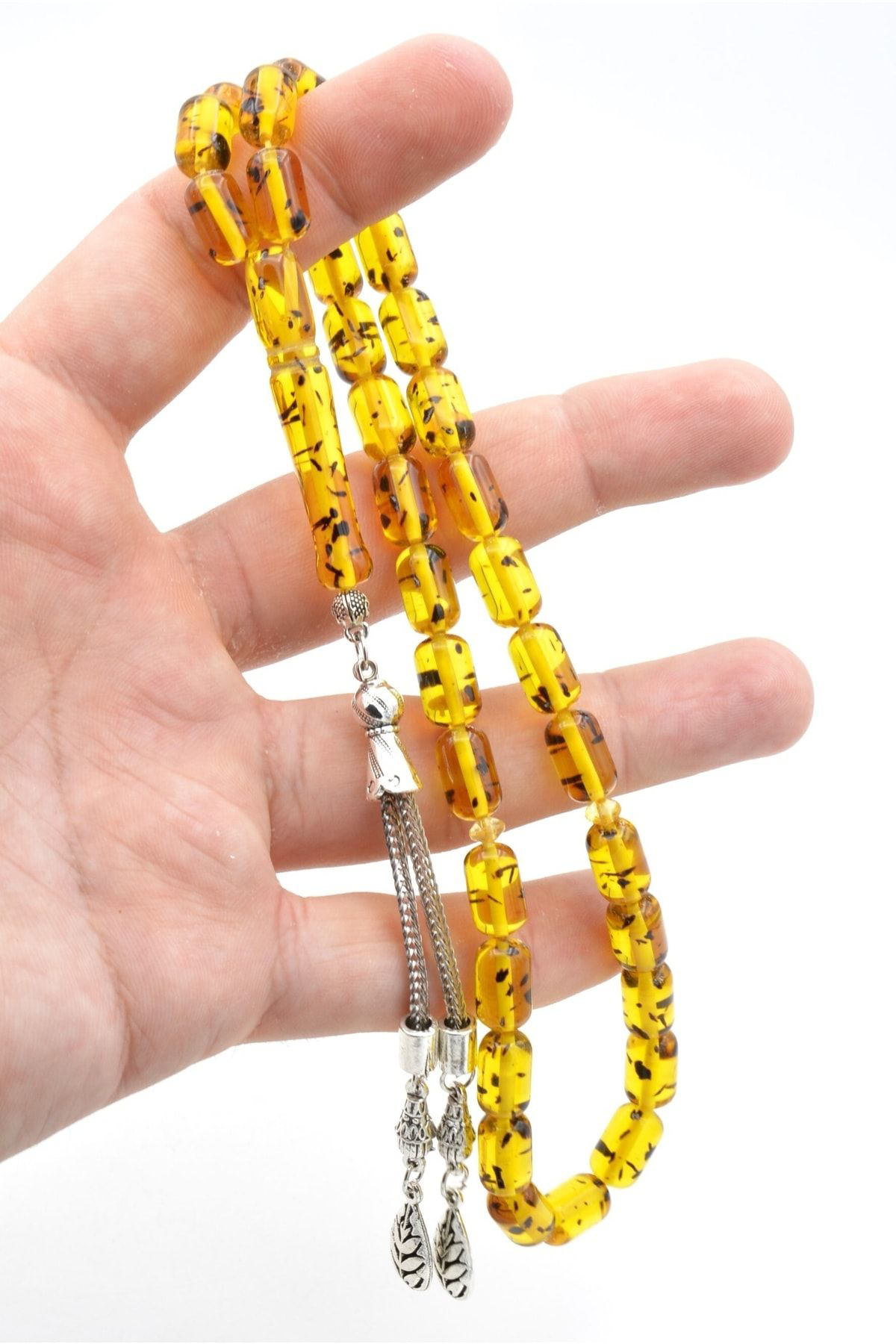 Murty99 Kaplama Püsküllü Kapsül Kesim Fosilli Sarı Toz Pres Kehribar Tesbih