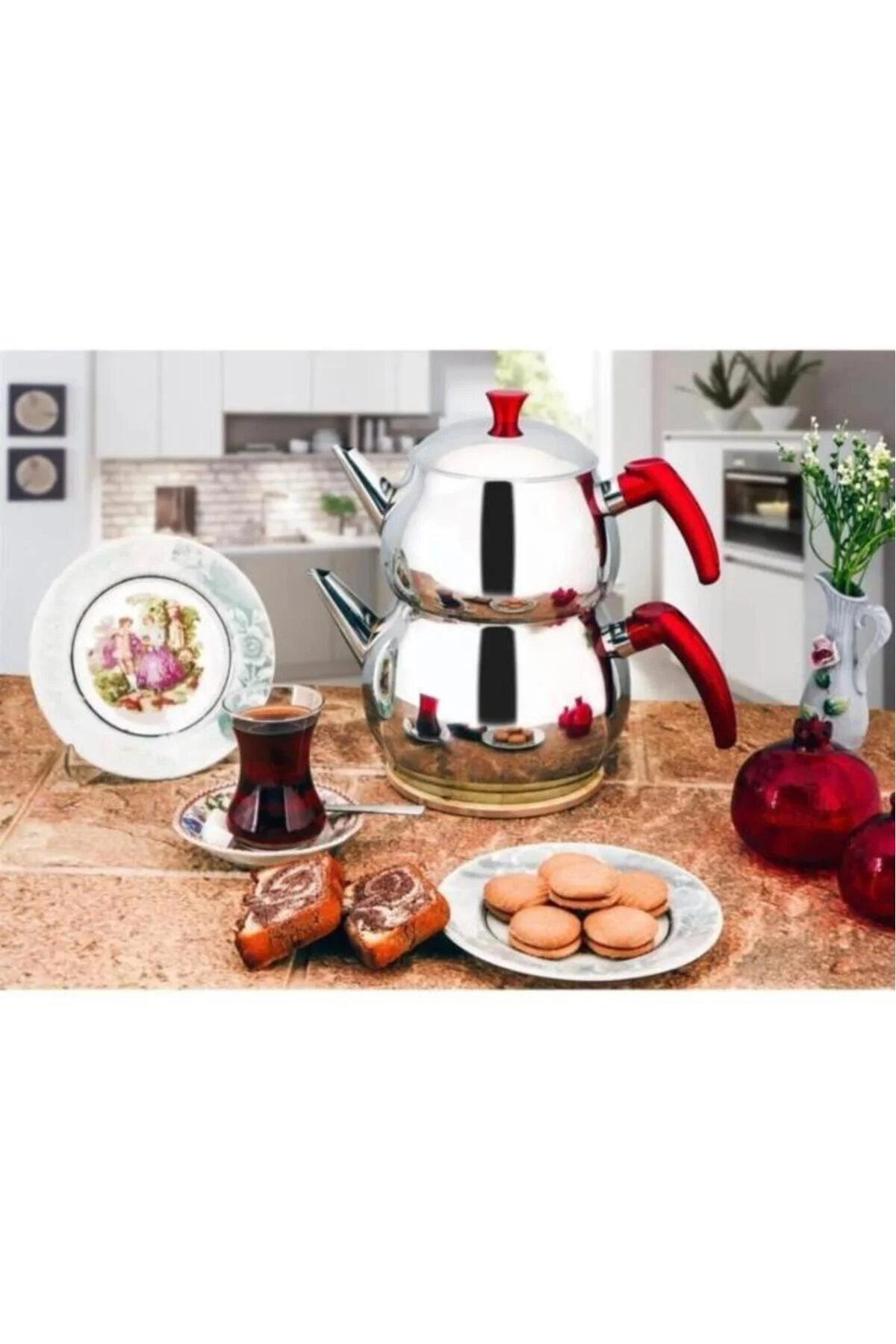 Kapris Küre Paslanmaz Çelik Kendinden Süzgeçli Aile Boy Çaydanlık