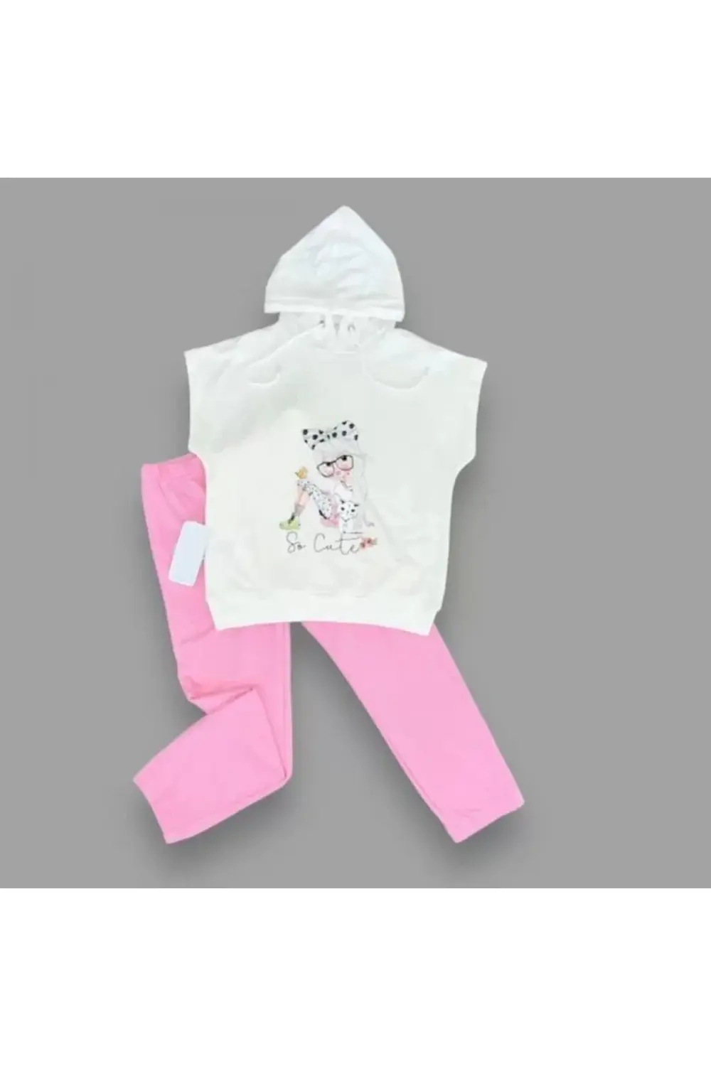 Kapşonlu Sevimli Kız Baskılı Kısa Kolu 2li Kız Erkek Çocuk Takımı