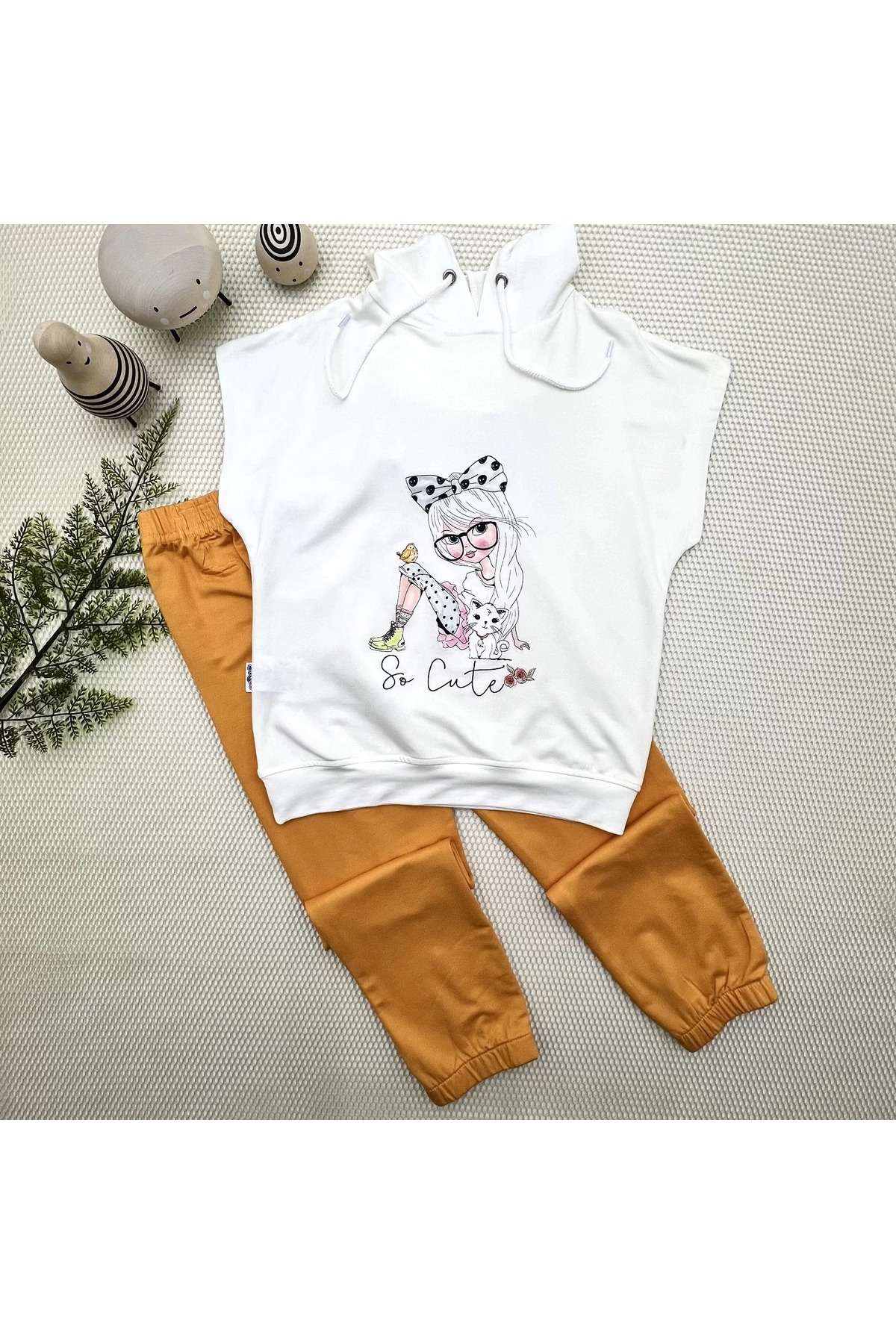 Hobicity Kapşonlu Sevimli Kız Baskılı Kısa Kolu 2Li Kız Erkek Çocuk Takımı