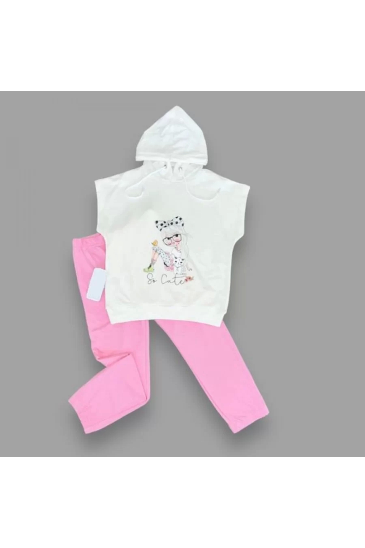 Hobicity Kapşonlu Sevimli Kız Baskılı Kısa Kolu 2Li Kız Erkek Çocuk Takımı