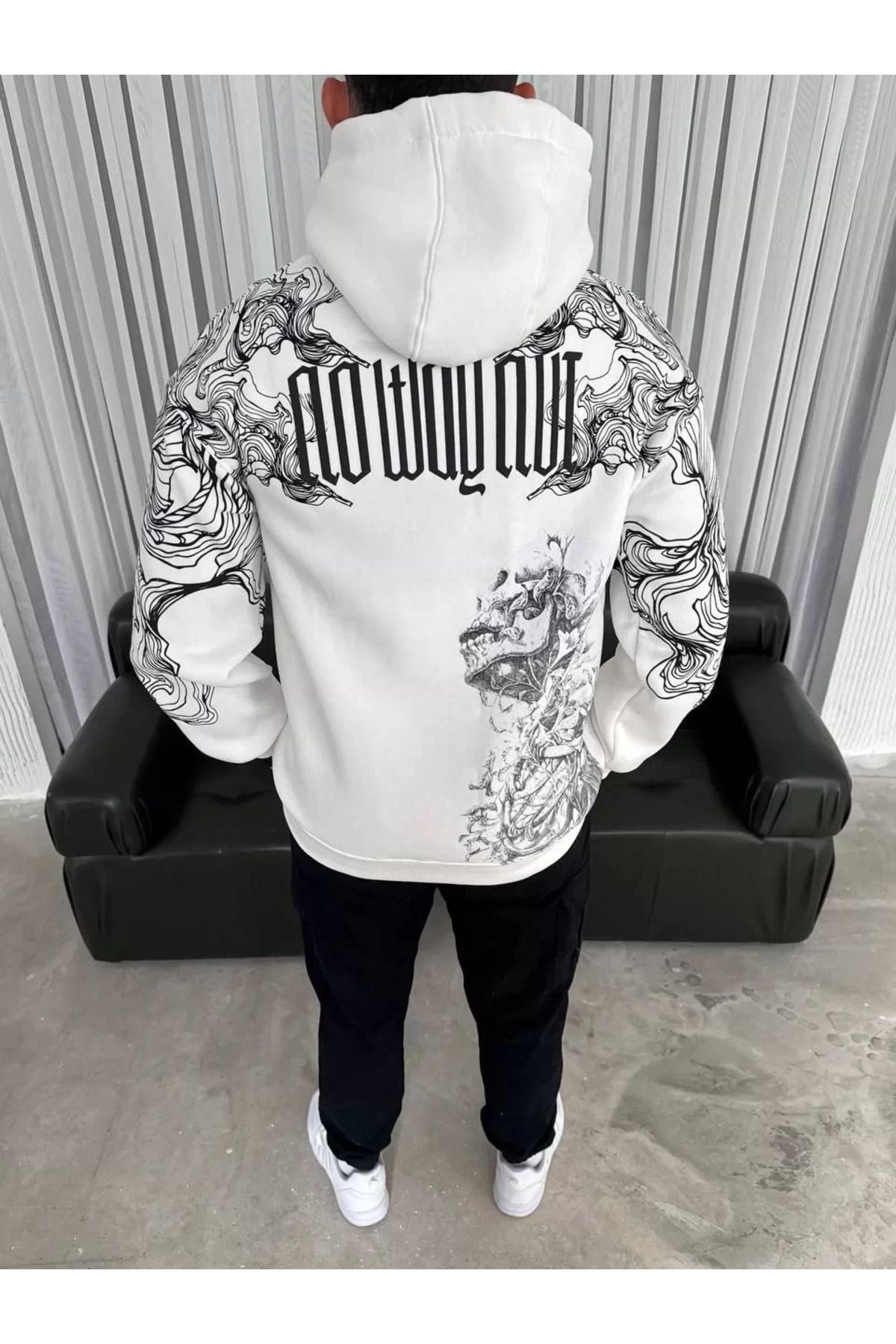 Kapşonlu Üç İplik Baskılı SweatShirt - Beyaz