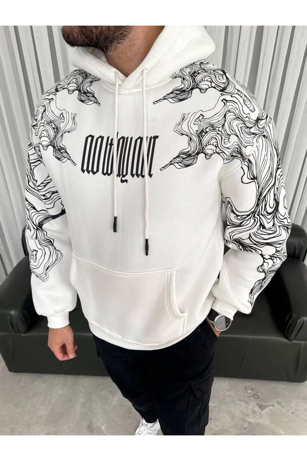 Kapşonlu Üç İplik Baskılı SweatShirt - Beyaz