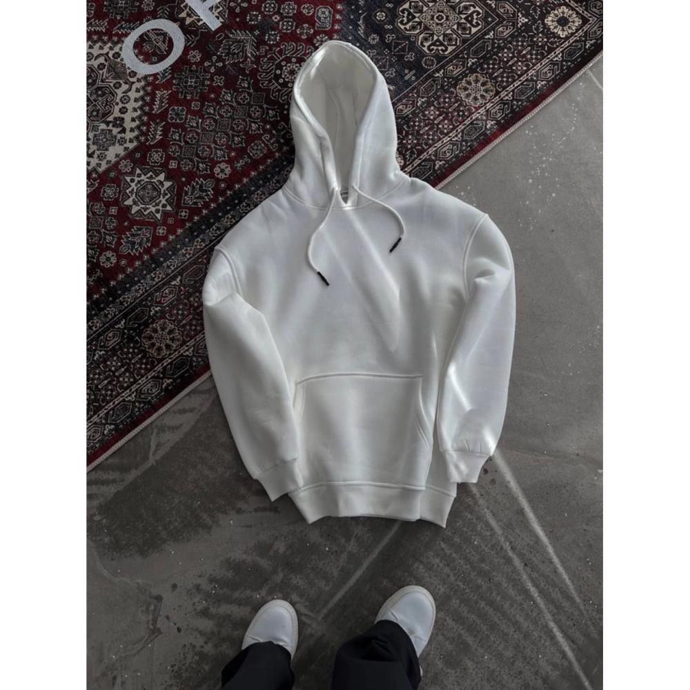 Kapşonlu Üç İplik Penye Basic SweatShirt - Beyaz
