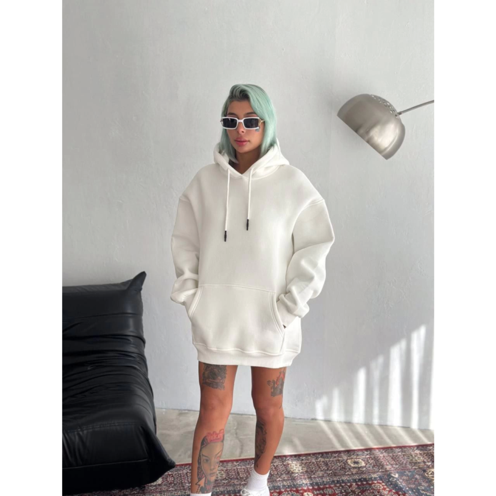 Kapşonlu Üç İplik Penye Basic SweatShirt - Beyaz