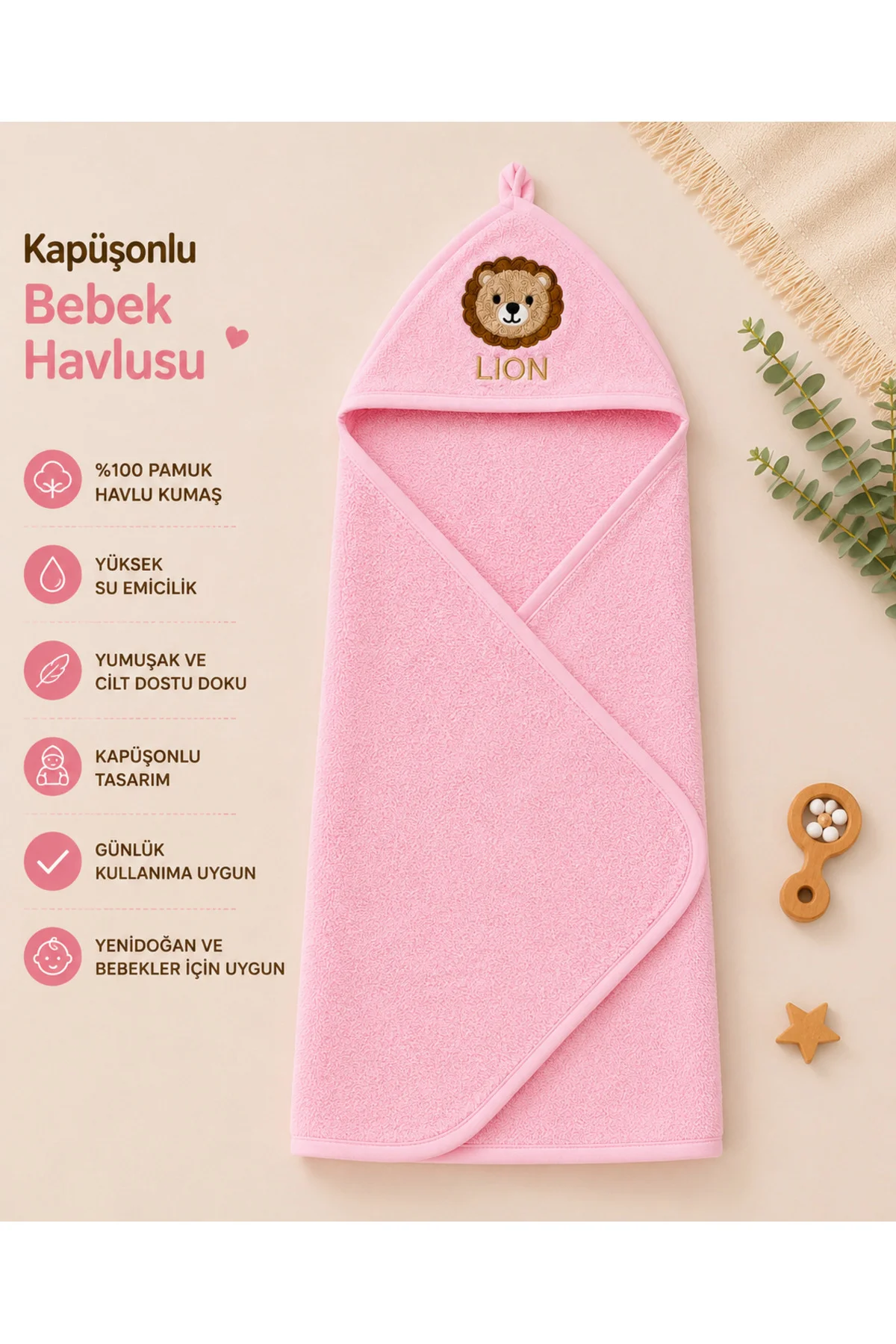 Kapüşonlu Bebek Bornoz Havlu %100 Pamuk Aslan Nakışlı Yumuşak Banyo Havlusu Pembe