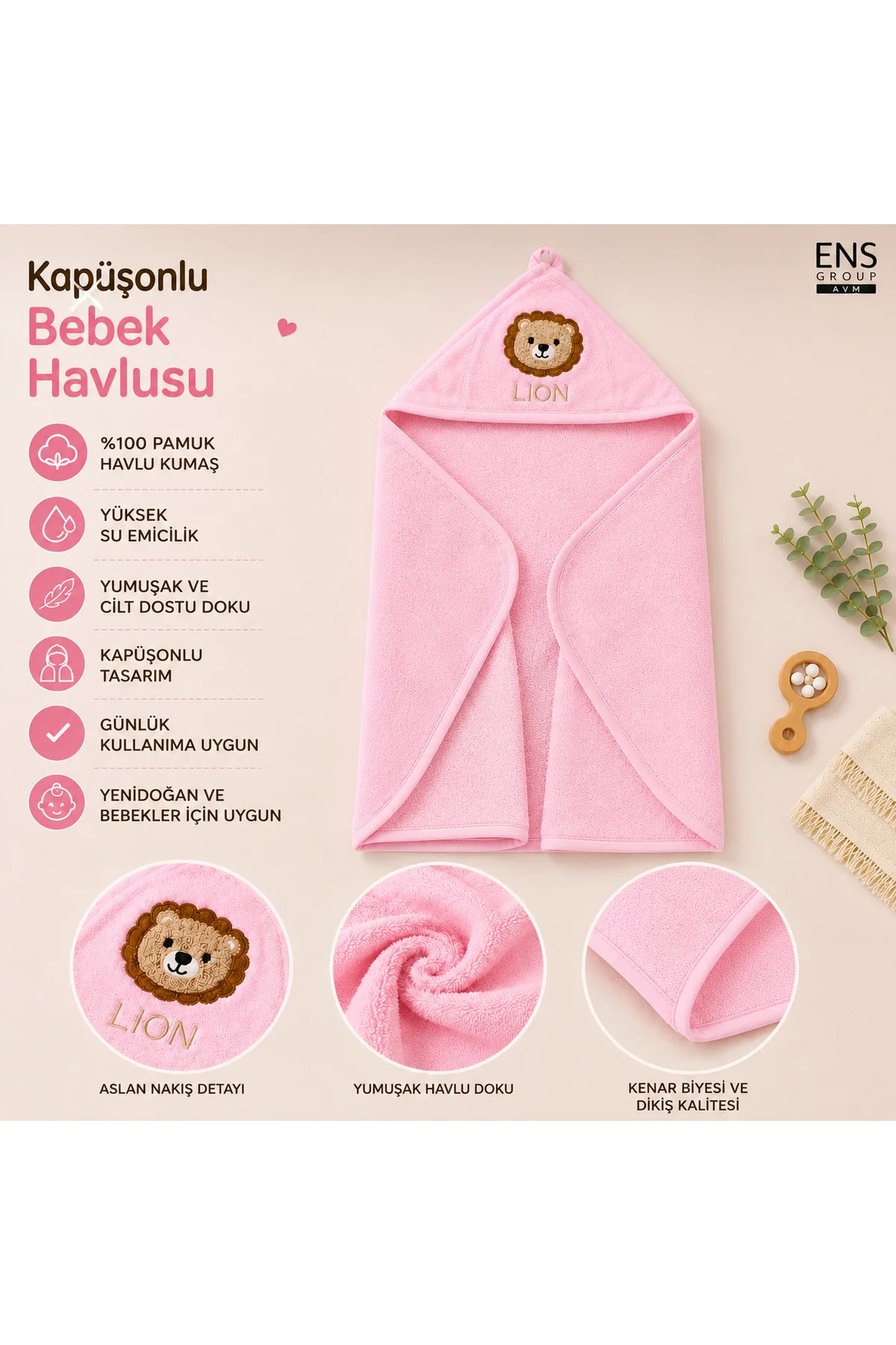 Kapüşonlu Bebek Bornoz Havlu %100 Pamuk Aslan Nakışlı Yumuşak Banyo Havlusu Pembe