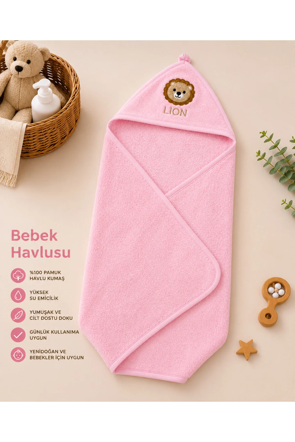 Kapüşonlu Bebek Bornoz Havlu %100 Pamuk Aslan Nakışlı Yumuşak Banyo Havlusu Pembe