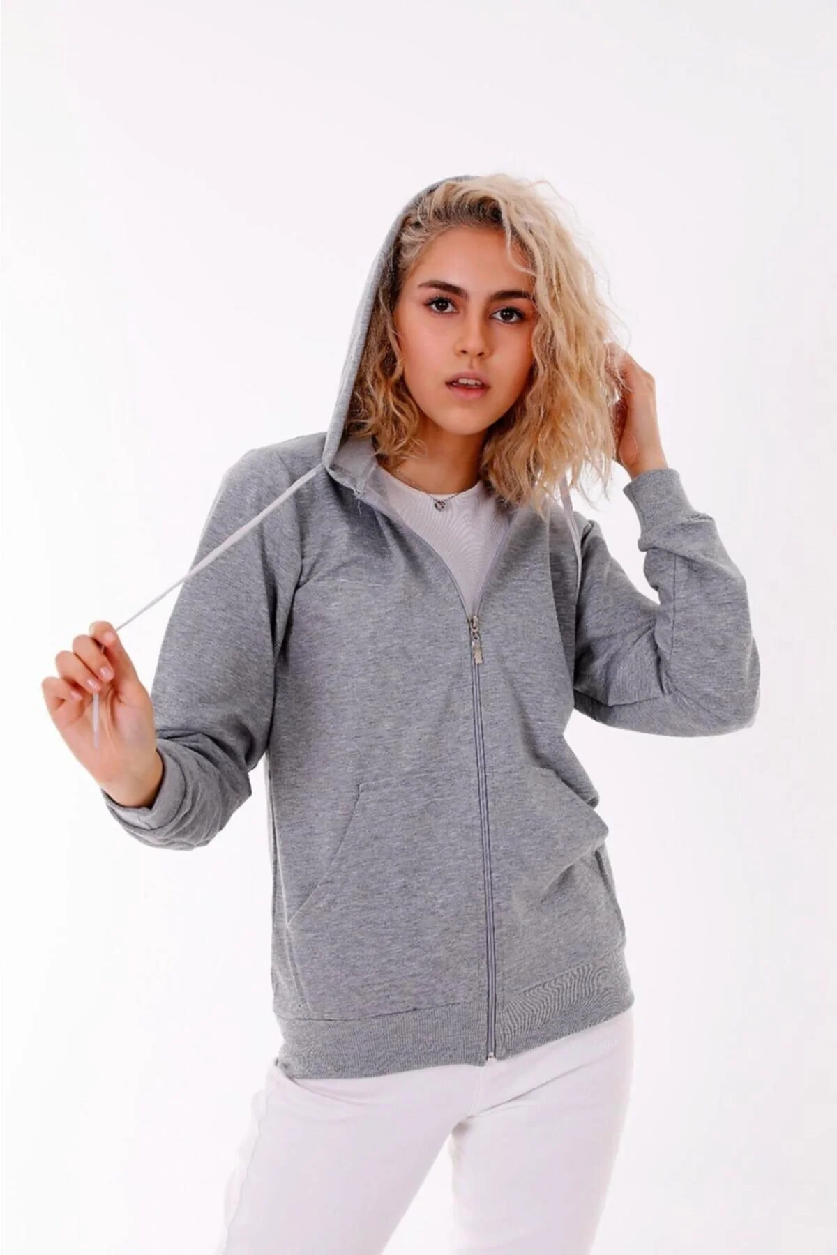 Kapüşonlu Fermuarlı Cepli Sweatshirt Gri