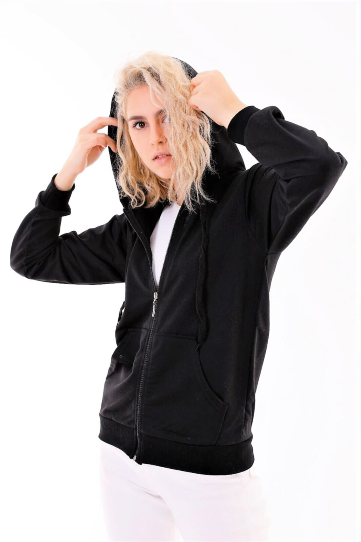 Kapüşonlu Fermuarlı Cepli Sweatshirt Siyah