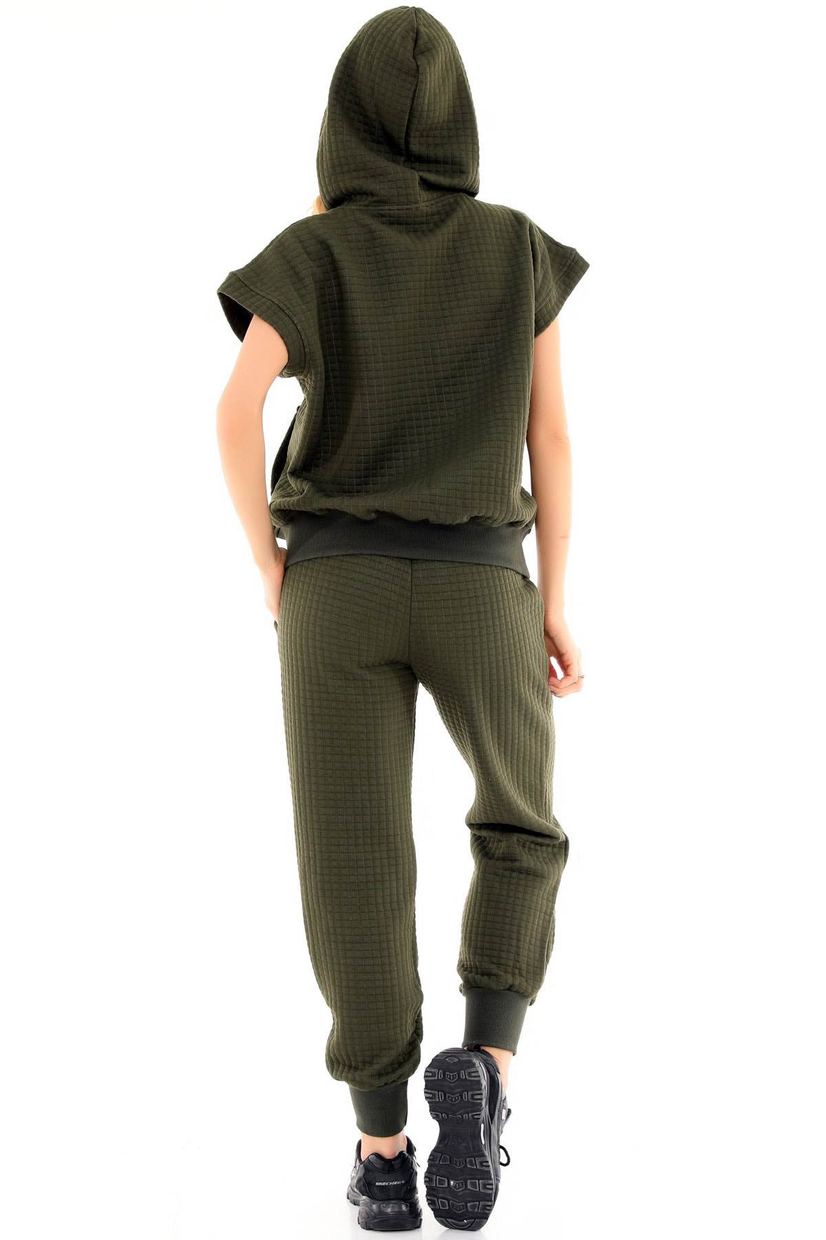 Kapüşonlu Kısa Kol Sweat Cepli Bel Büzgülü Kapitone Eşofman Takım