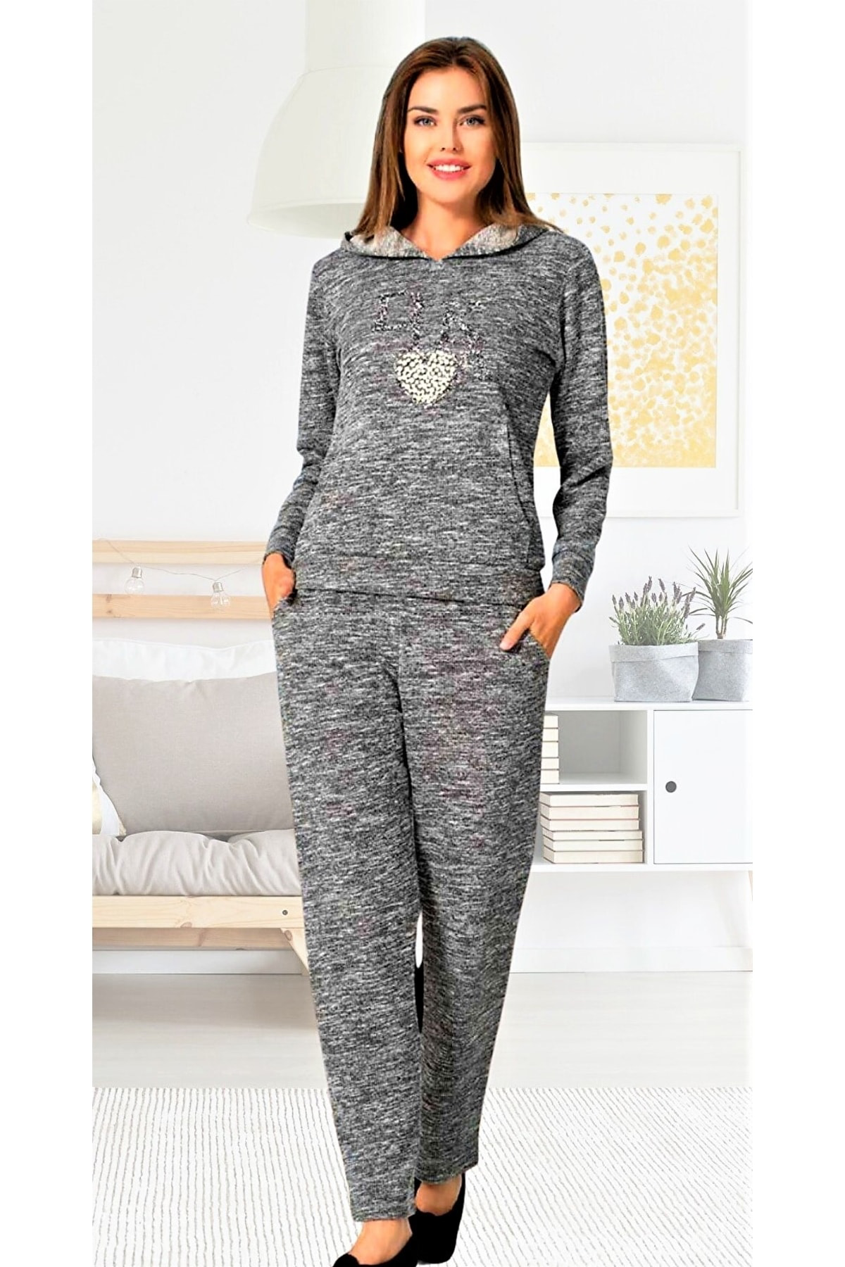 Kapüşonlu Pijama Takımı /ev Giyim Antrasit/gri