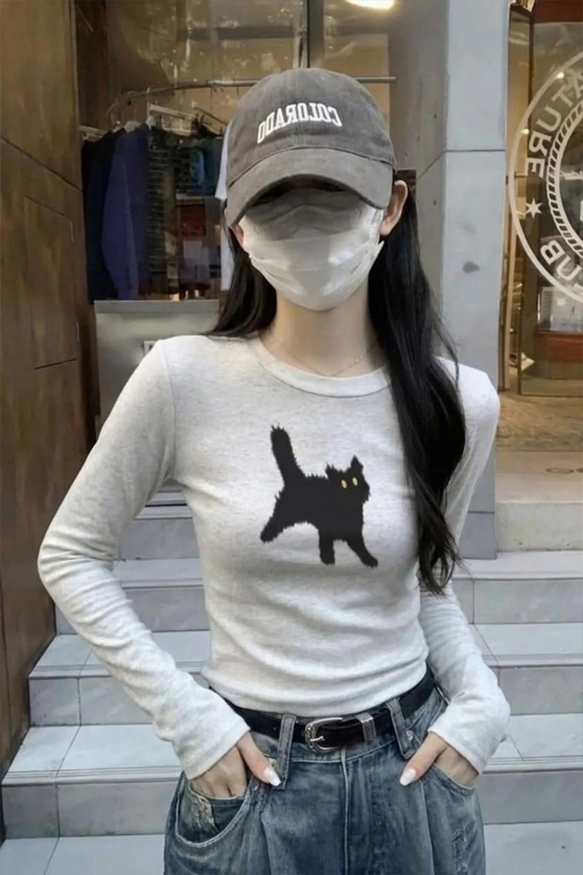 Kar Melanj Cat Bisiklet Yaka Street Y2K Uzun Kollu Crop Kar Melanj Cat Bisiklet Yaka Street Y2K Uzun Kollu Crop