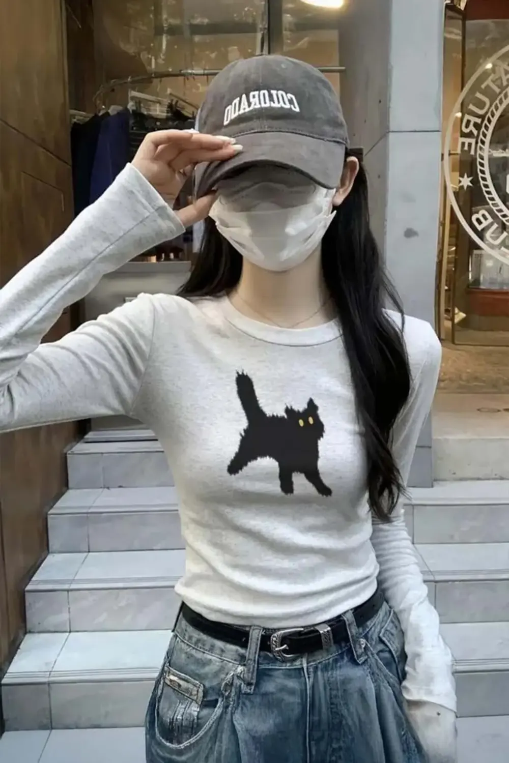 Kar Melanj Cat Bisiklet Yaka Street Y2K Uzun Kollu Crop