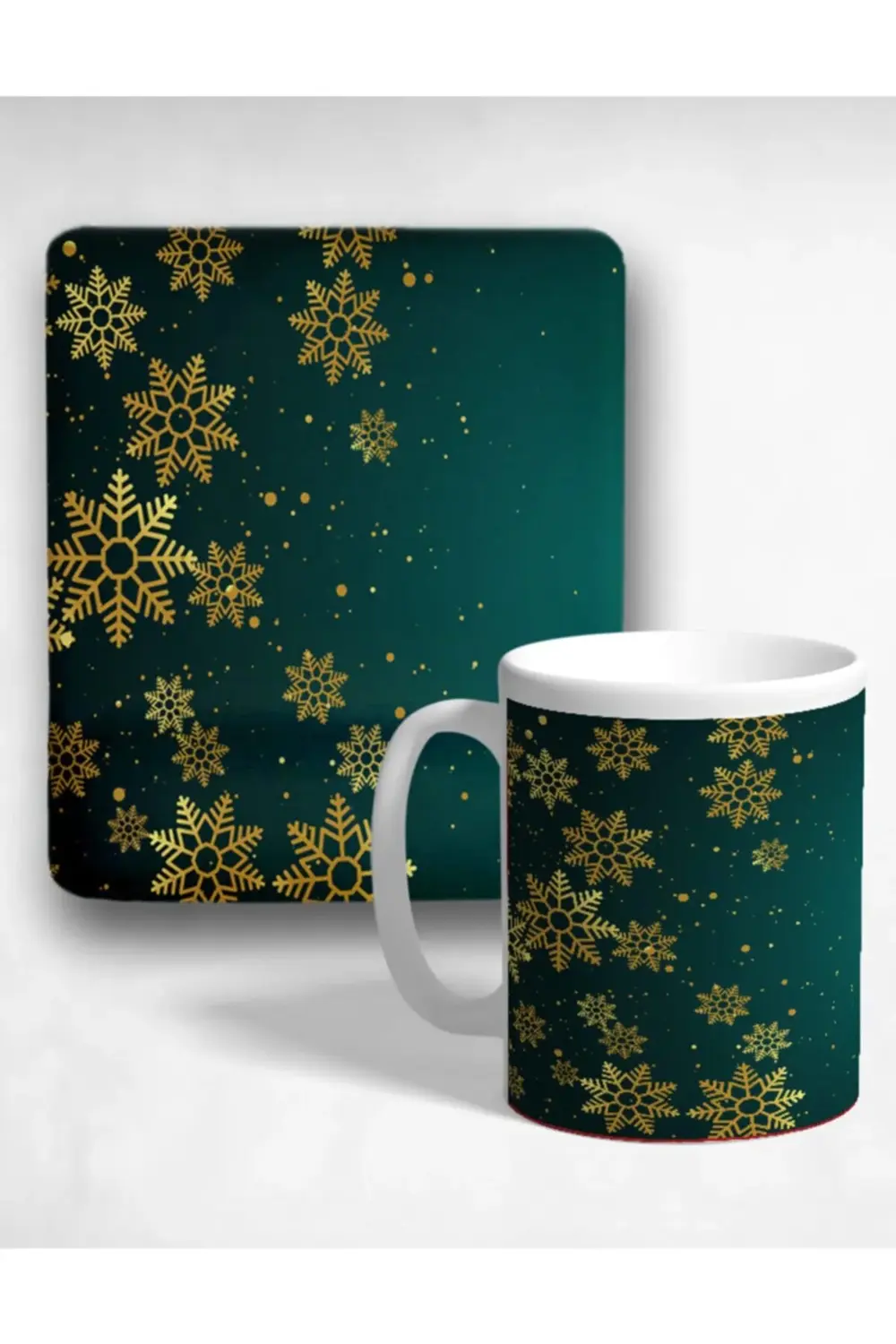 Kar Taneleri Oval Bilek Destekli Mouse Pad Ve Kupa Bardak Seti