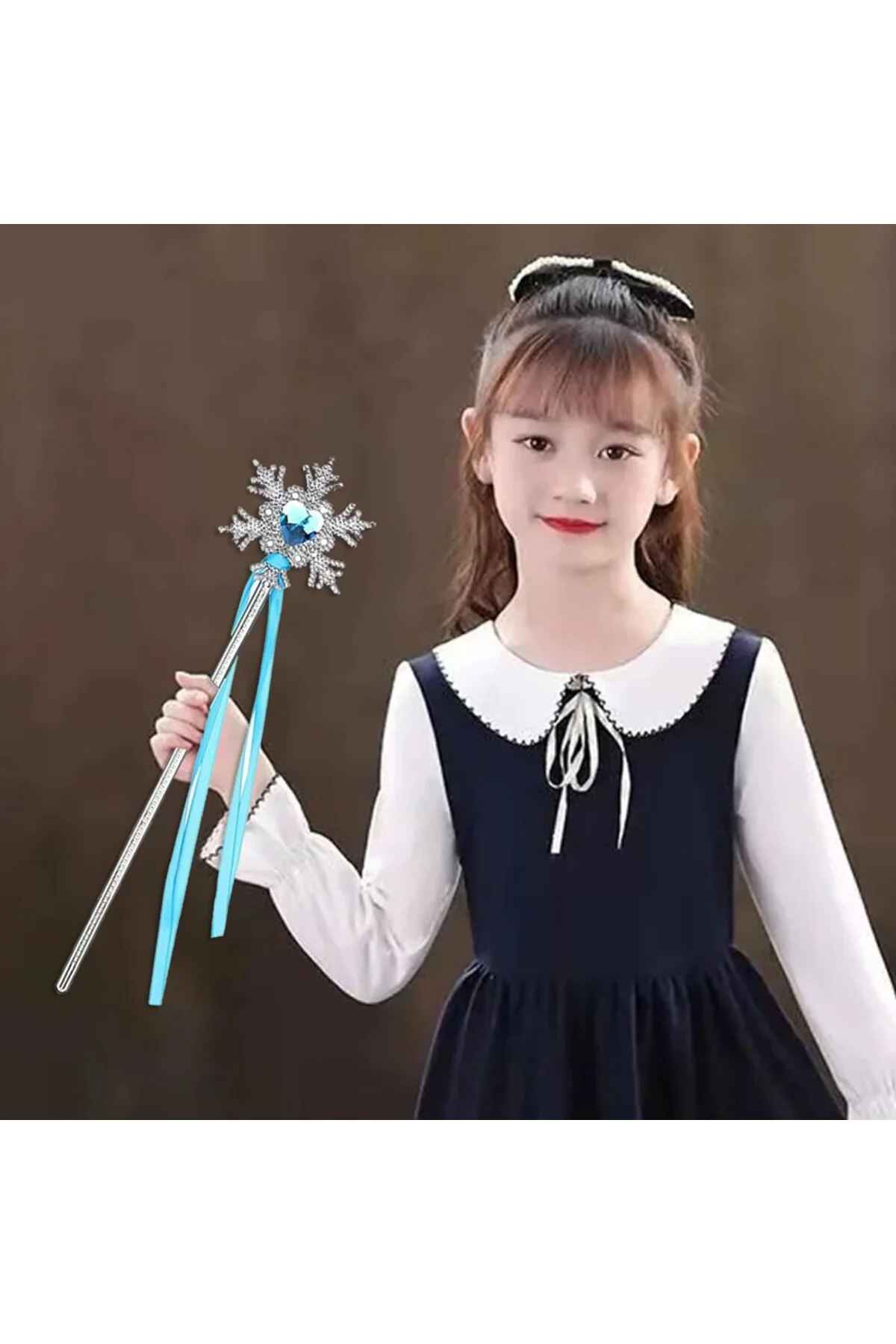 Kar Taneli Mavi Kalp Taşlı Saten Kurdeleli Karlar Ülkesi Elsa Asası Sopası 34cm/ TrendXhome