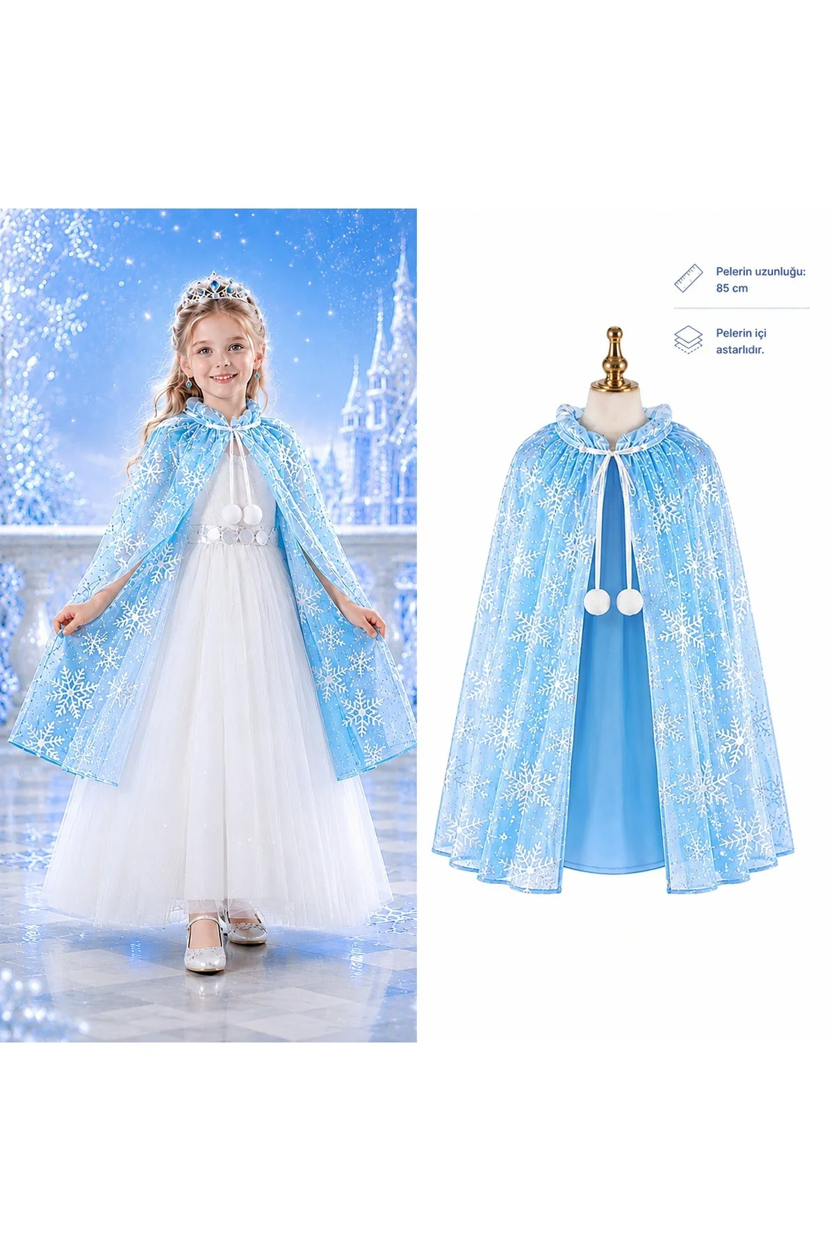Kar Tanesi Desenli Mavi Elsa Pelerini - Astarlı Frozen Pelerini 85 cm