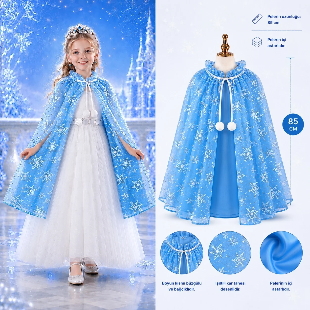 Kar Tanesi Desenli Mavi Elsa Pelerini - Astarlı Frozen Pelerini 85 Cm Bx40 Fiyatı, Yorumları ve Özellikleri