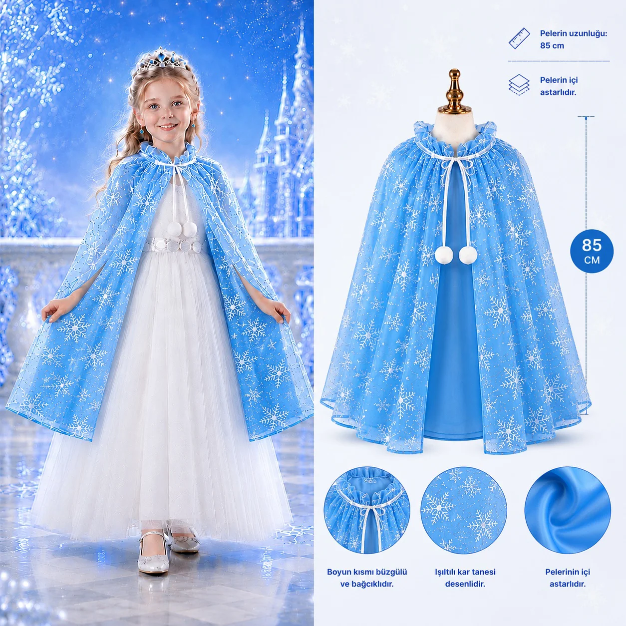 Kar Tanesi Desenli Mavi Pelerin - Astarlı Elsa Temalı Çocuk Pelerini 85 cm