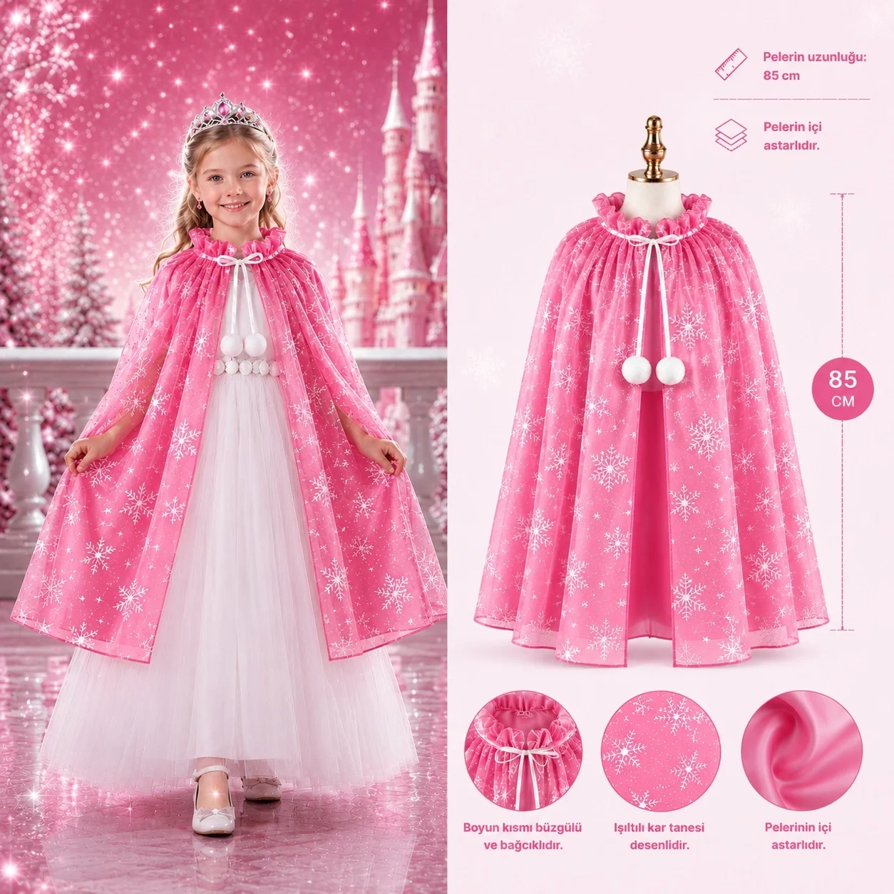 Kar Tanesi Desenli Pembe Elsa Pelerini - Astarlı Frozen Pelerini 85 Cm Bx40 Fiyatı, Yorumları ve Özellikleri