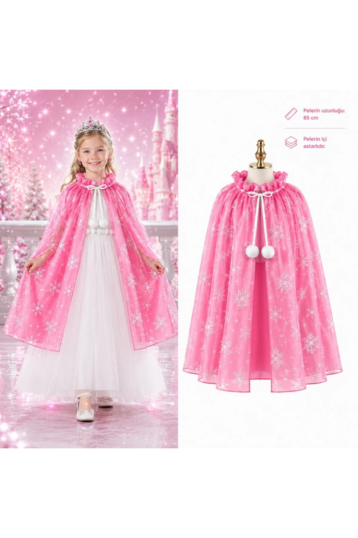 Kar Tanesi Desenli Pembe Pelerini - Astarlı Pelerini 85 cm