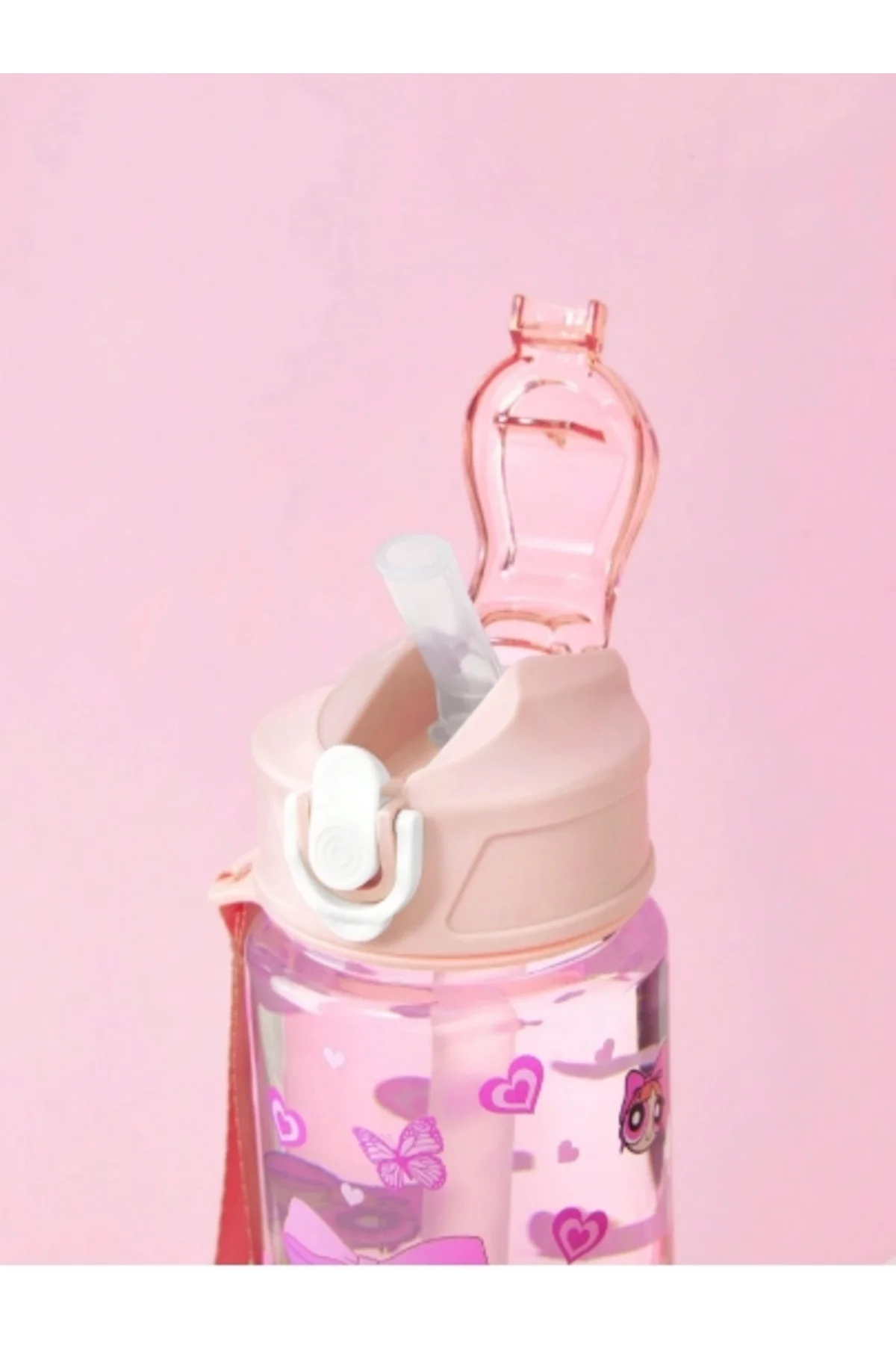 Karakter Figürlü 750 ml Pembe Matara, Silikon Pipetli ve Sızdırmaz Kapaklı Plastik Su Şişesi - Görsel 4