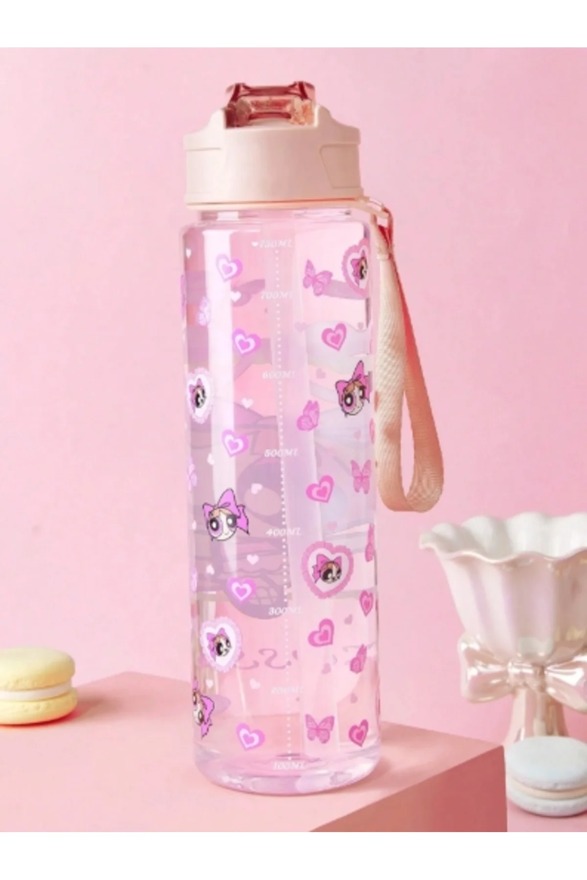 Karakter Figürlü 750 ml Pembe Matara, Silikon Pipetli ve Sızdırmaz Kapaklı Plastik Su Şişesi - Görsel 3