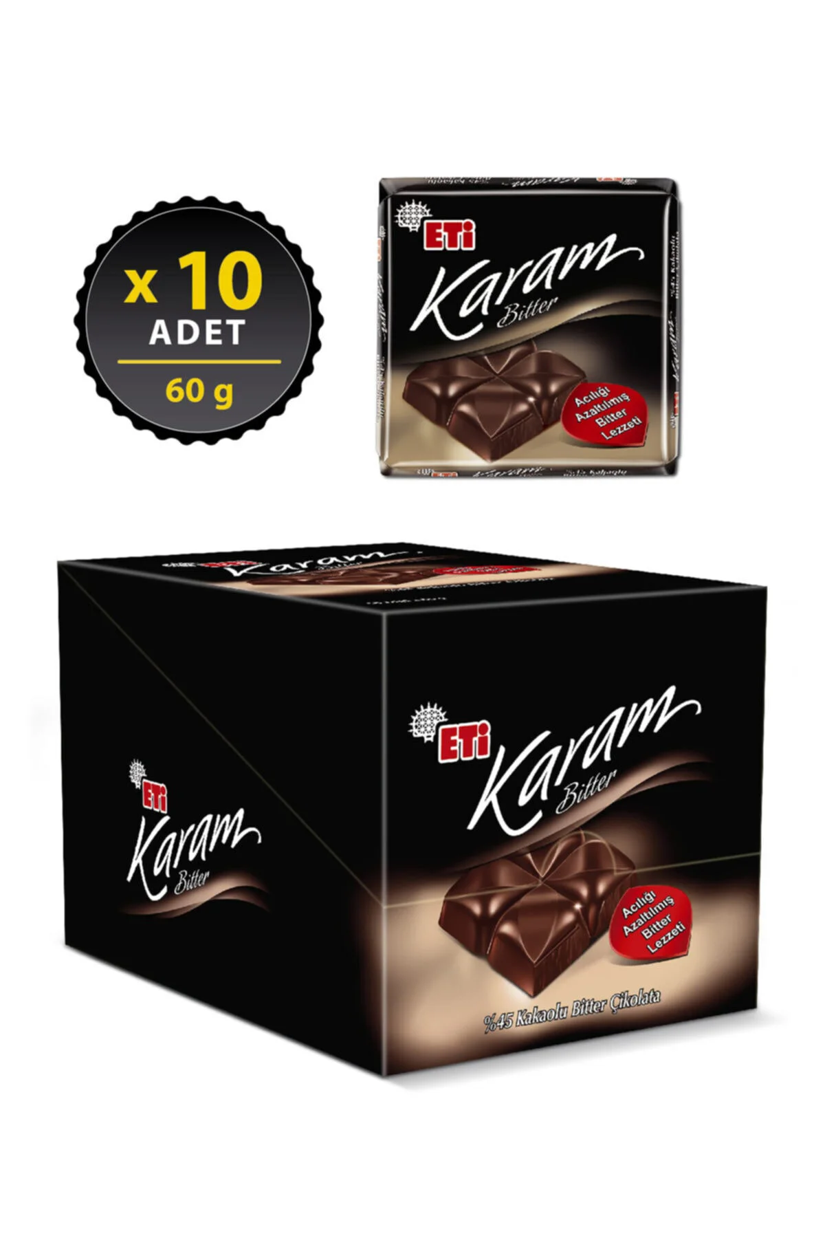 Karam %45 Kakaolu Bitter Çikolata 60 g x 10 Adet