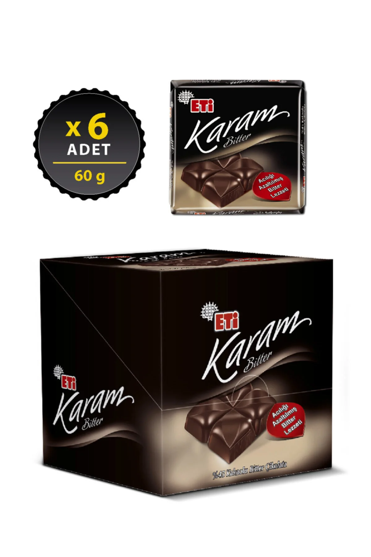 Karam %45 Kakaolu Bitter Çikolata 60 g x 6 Adet