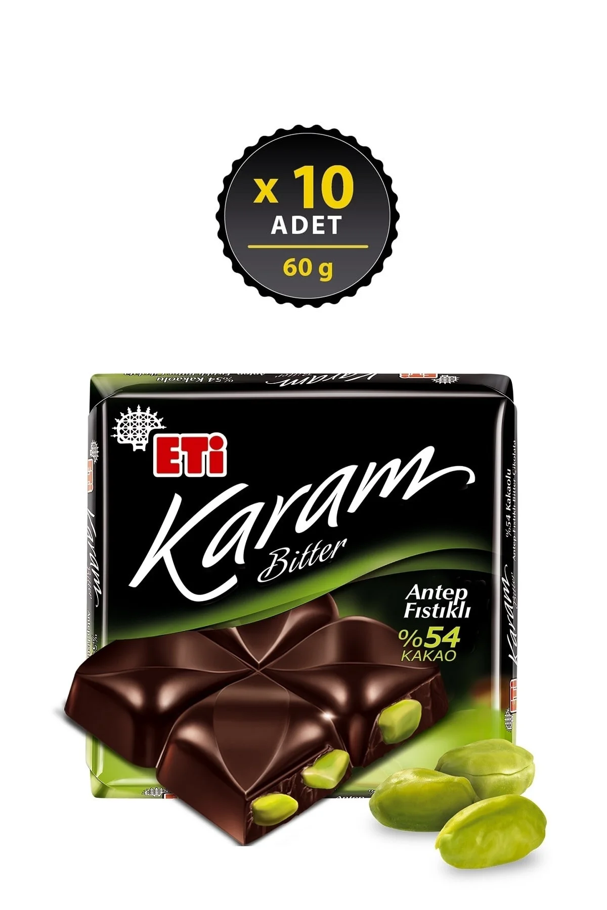 Karam %54 Kakaolu Antep Fıstıklı Bitter Çikolata 60 g x 10 Adet