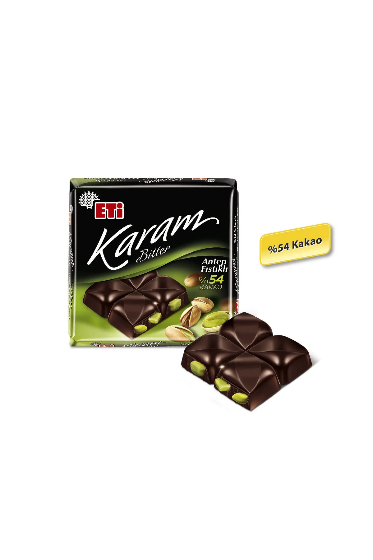 Karam %54 Kakaolu Antep Fıstıklı Bitter Çikolata 60 g x 10 Adet