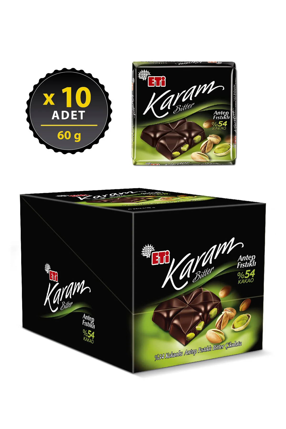 Karam %54 Kakaolu Antep Fıstıklı Bitter Çikolata 60 g x 10 Adet