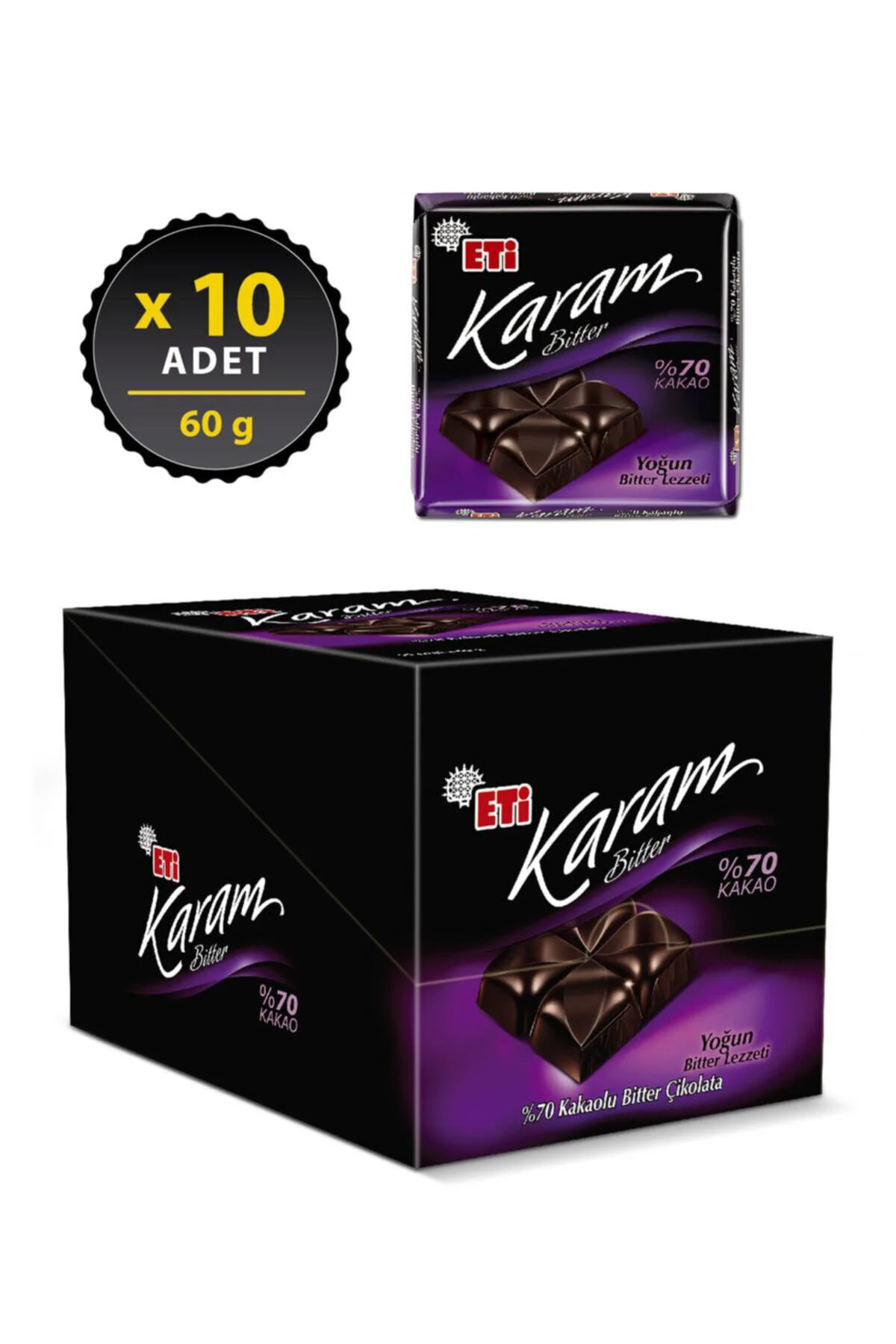 Karam %70 Kakaolu Bitter Çikolata 60 g x 10 Adet
