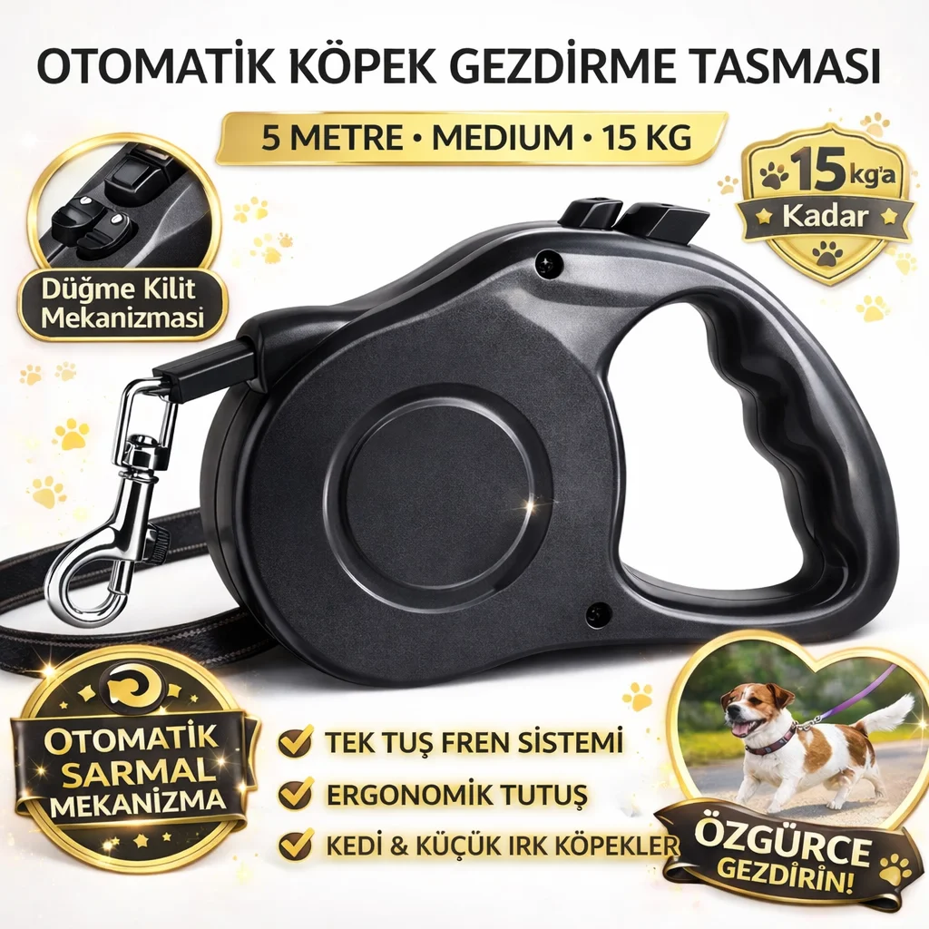 Karamel Otomatik Köpek Gezdirme Tasması Medium 5 Metre 15 kg Siyah Karamel Otomatik Köpek Gezdirme Tasması Medium 5 Metre 15 kg Siyah