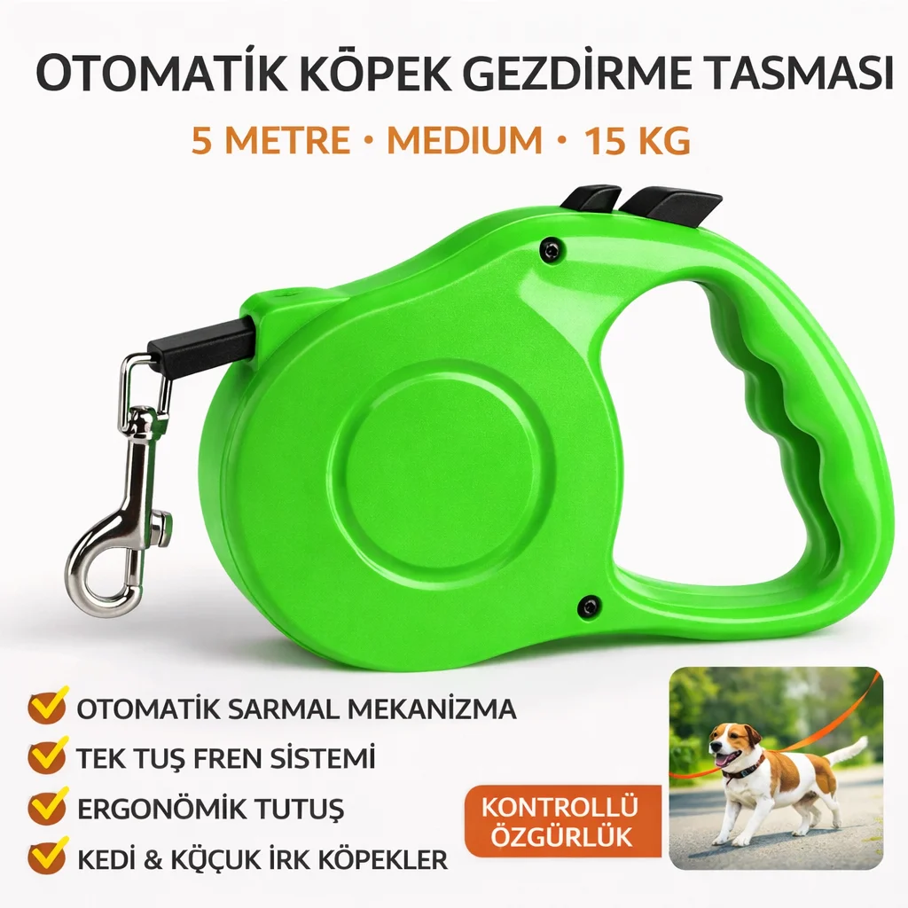 Karamel Pet Otomatik  Köpek Gezdirme Tasması Medium 5 Metre 15 kg Yeşil
