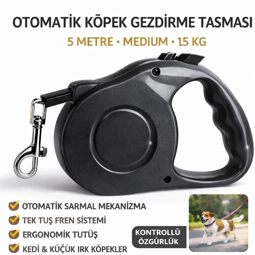 Karamel Pet Otomatik  Köpek Gezdirme Tasması Medium 5 Metre 15 kg Siyah