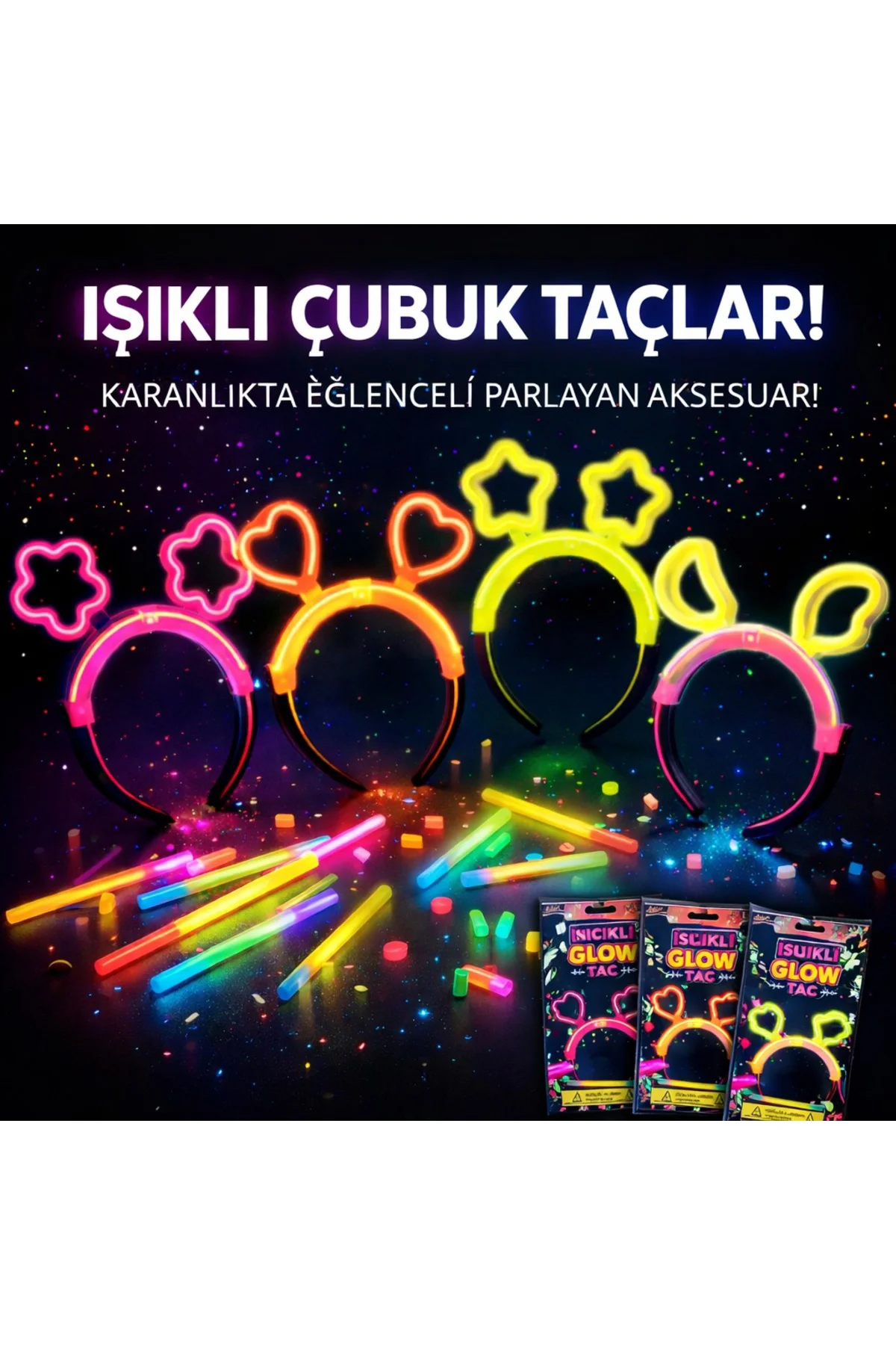 Karanlıkta Parlayan Glow Taç Seti 12 Adet – Yıldız Kalp Ay Çiçek (Her Model 3 Adet)